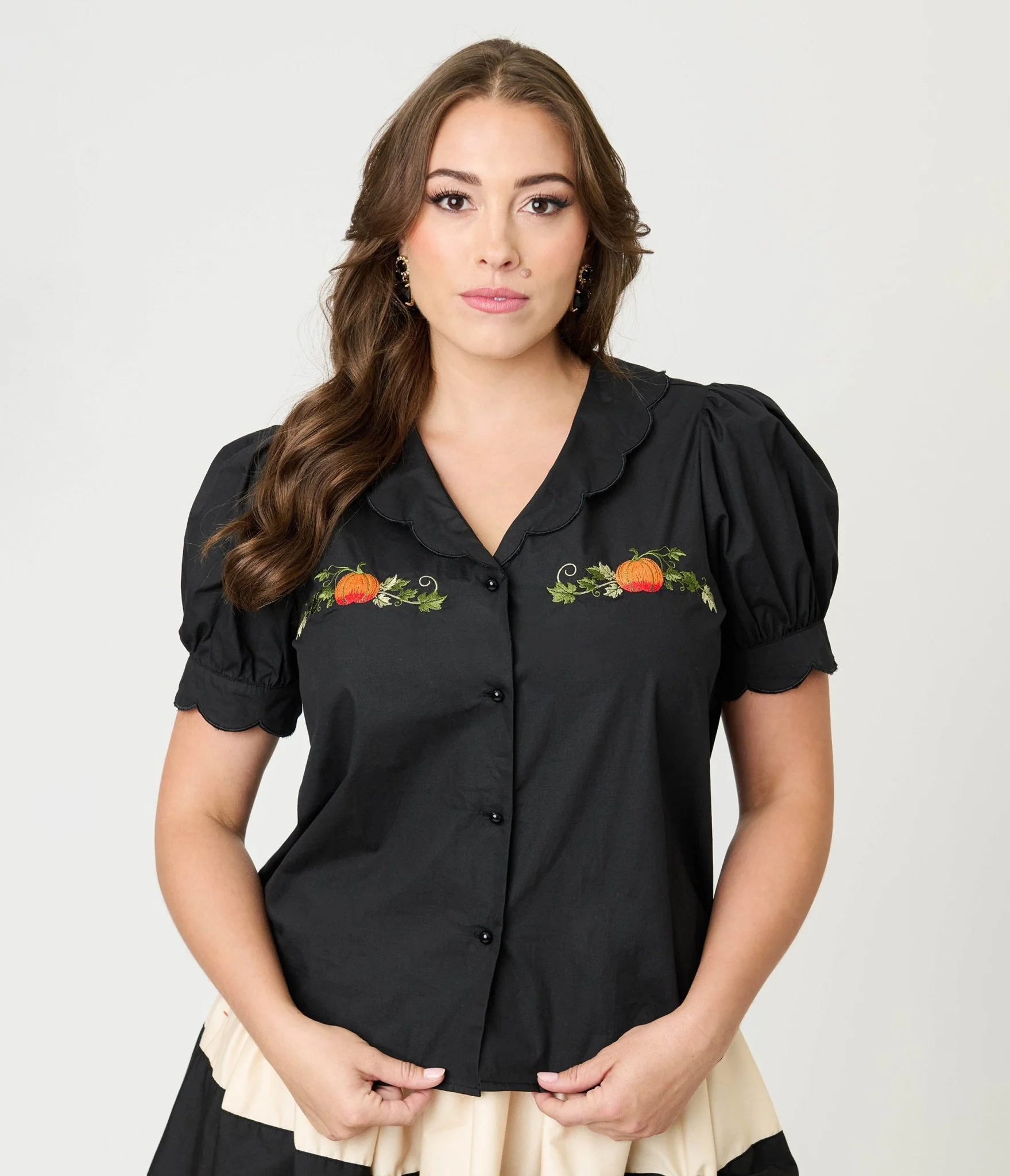 Smak Parlour Black & Pumpkin Embroidery Puff Sleeve Top - Image 3