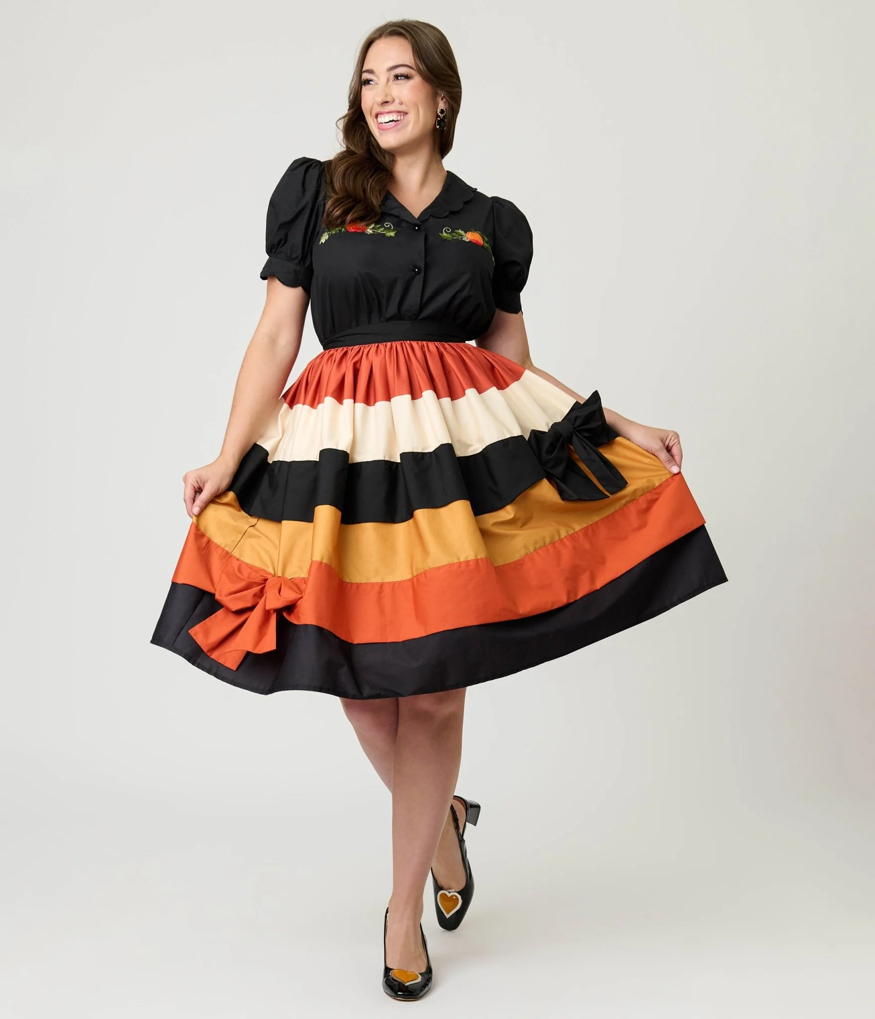 Smak Parlour Black & Pumpkin Embroidery Puff Sleeve Top - Image 4