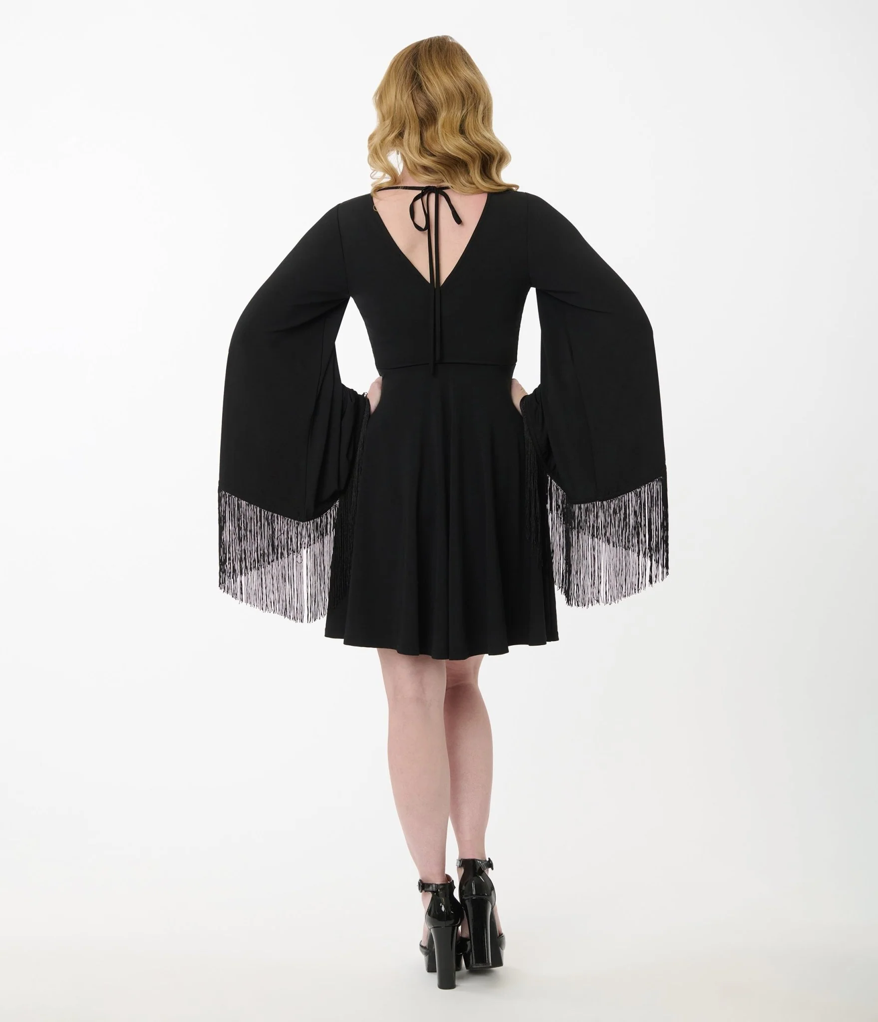 Smak Parlour Black Fringe Bell Sleeve Fit & Flare Dress - Image 3