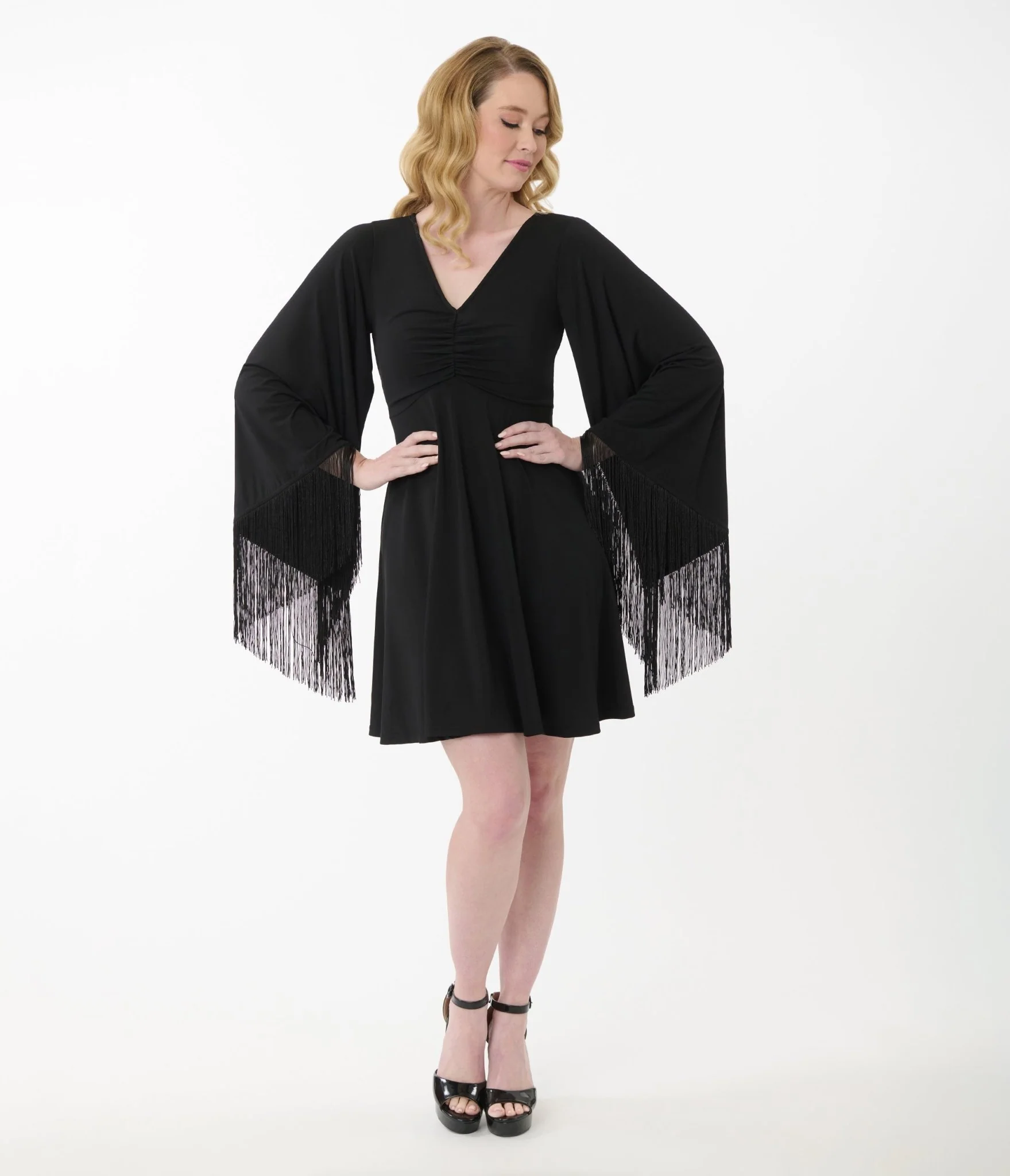 Smak Parlour Black Fringe Bell Sleeve Fit & Flare Dress - Image 4
