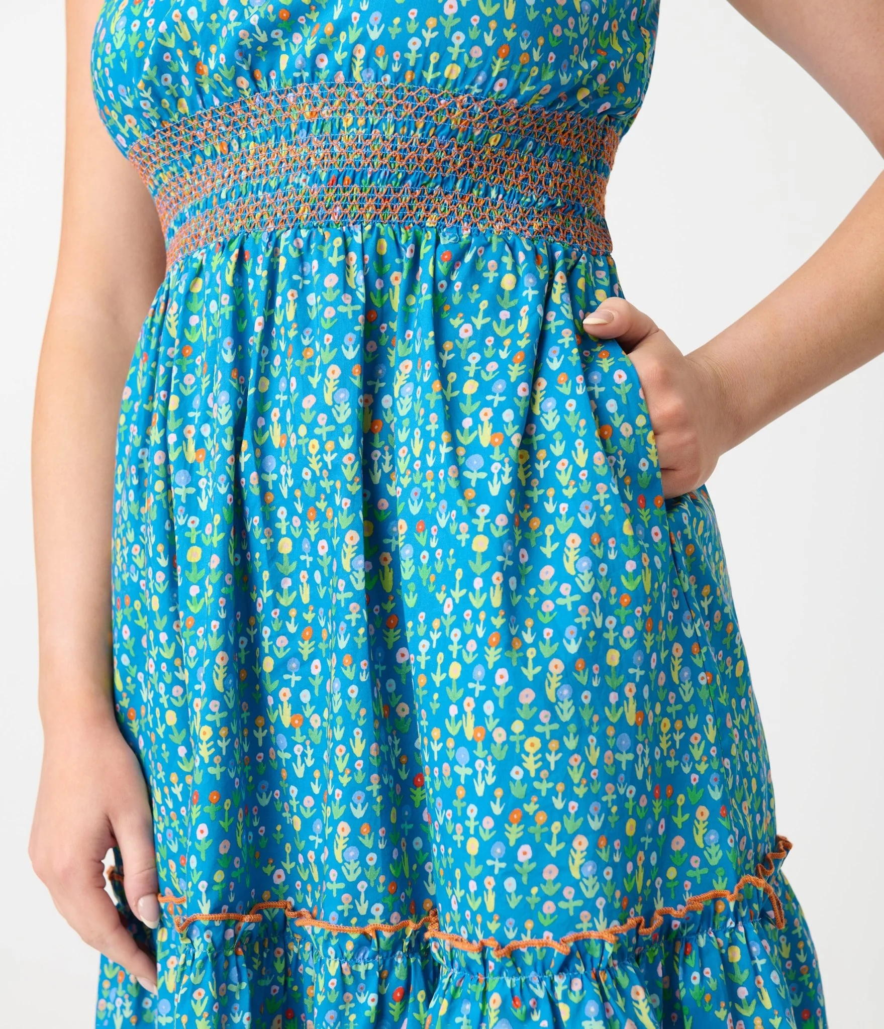 Smak Parlour Blue Ditsy Floral Tiered Cotton Flare Dress - Image 2