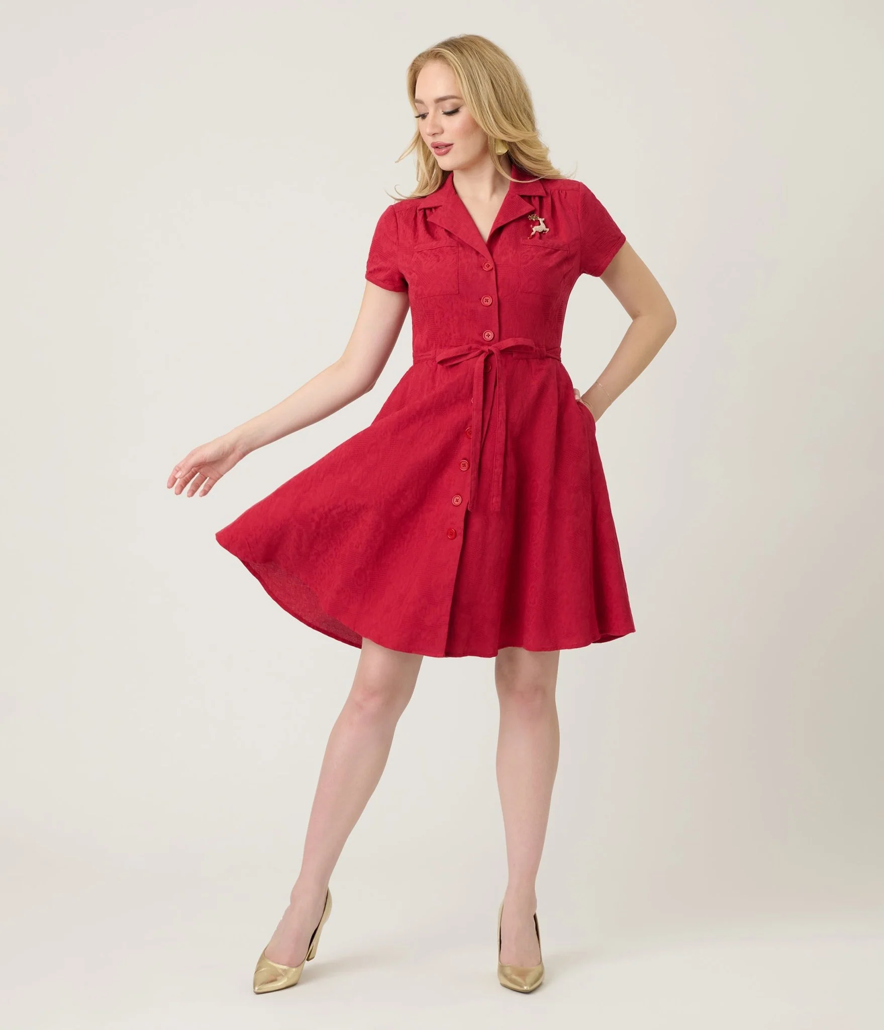 Smak Parlour Burgundy Reindeer Cotton Fit & Flare Dress