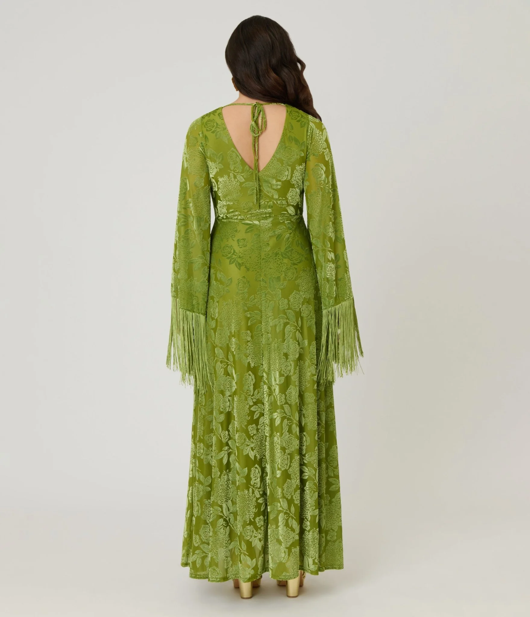 Smak Parlour Chartreuse Velvet Burnout Fringe Sleeve Stevie Maxi Dress - Image 2