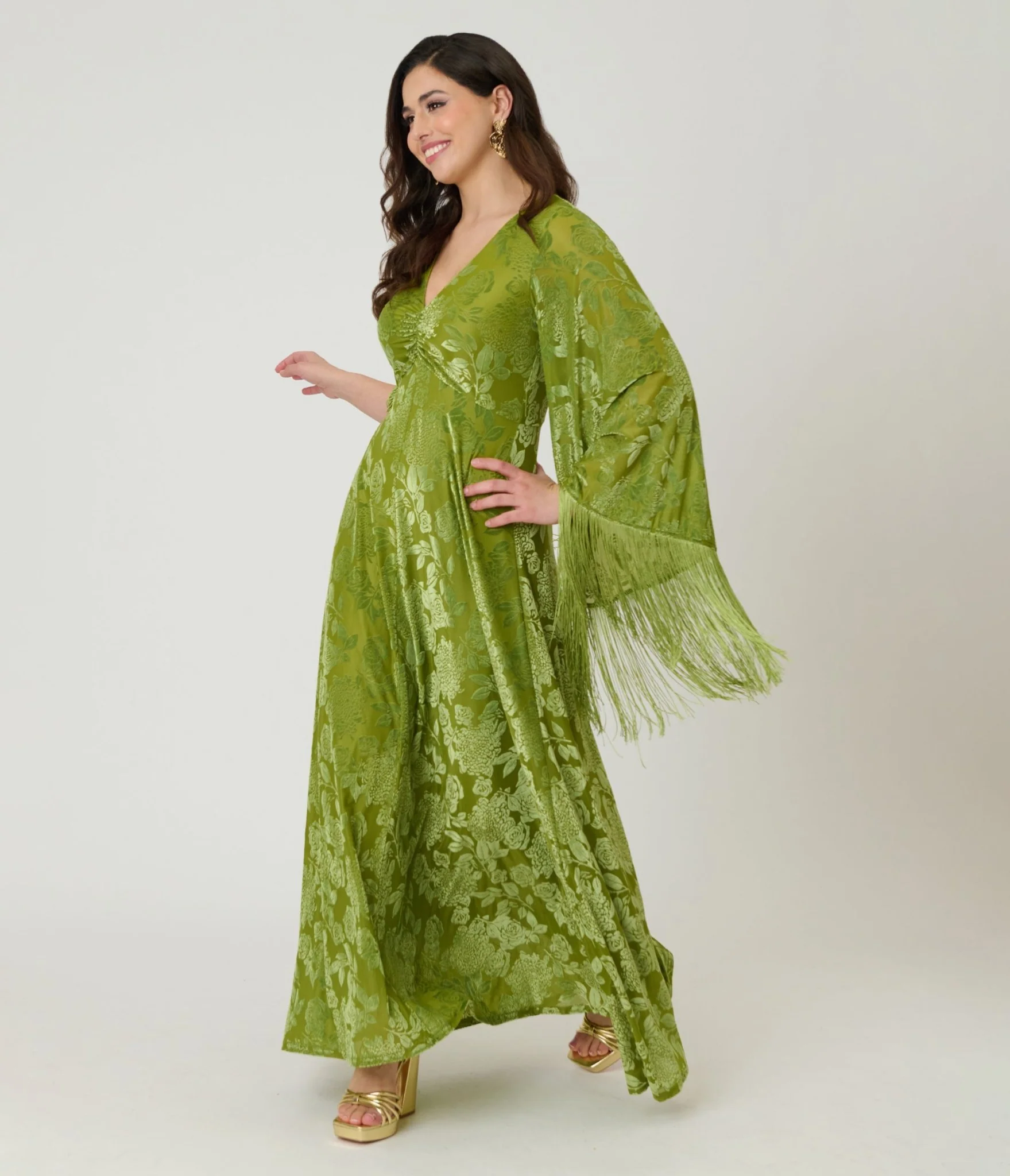 Smak Parlour Chartreuse Velvet Burnout Fringe Sleeve Stevie Maxi Dress - Image 3