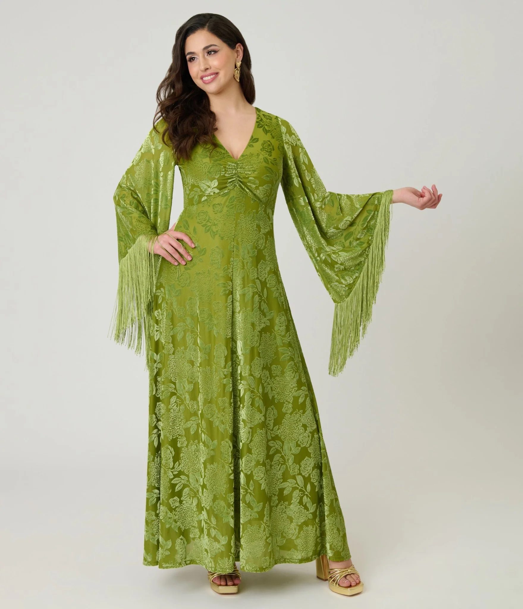 Smak Parlour Chartreuse Velvet Burnout Fringe Sleeve Stevie Maxi Dress - Image 4