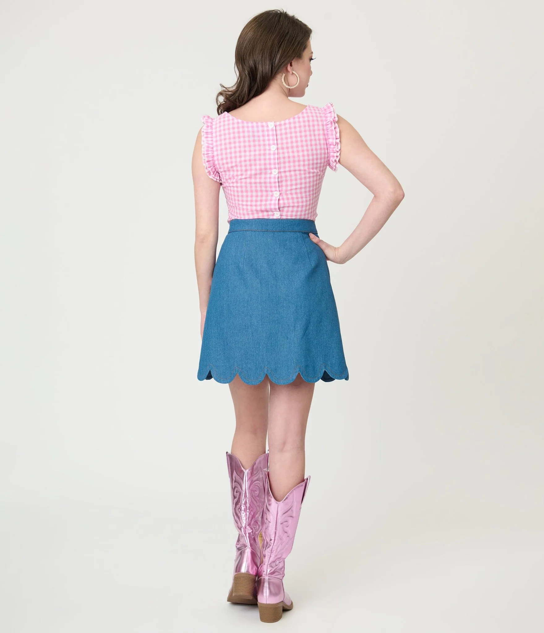 Smak Parlour Denim & Pink Gingham Campus Mini Skirt - Image 3