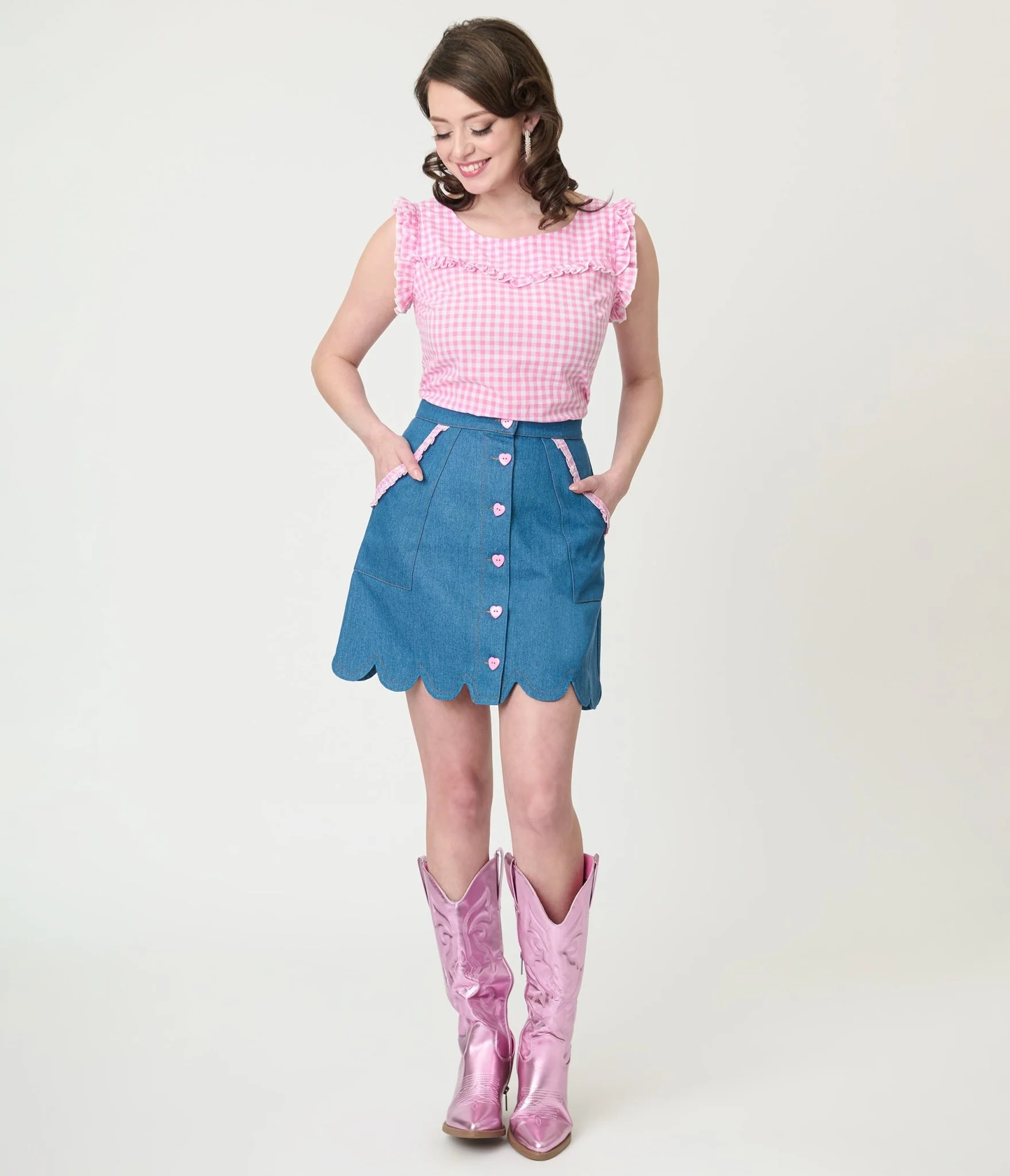 Smak Parlour Denim & Pink Gingham Campus Mini Skirt - Image 4