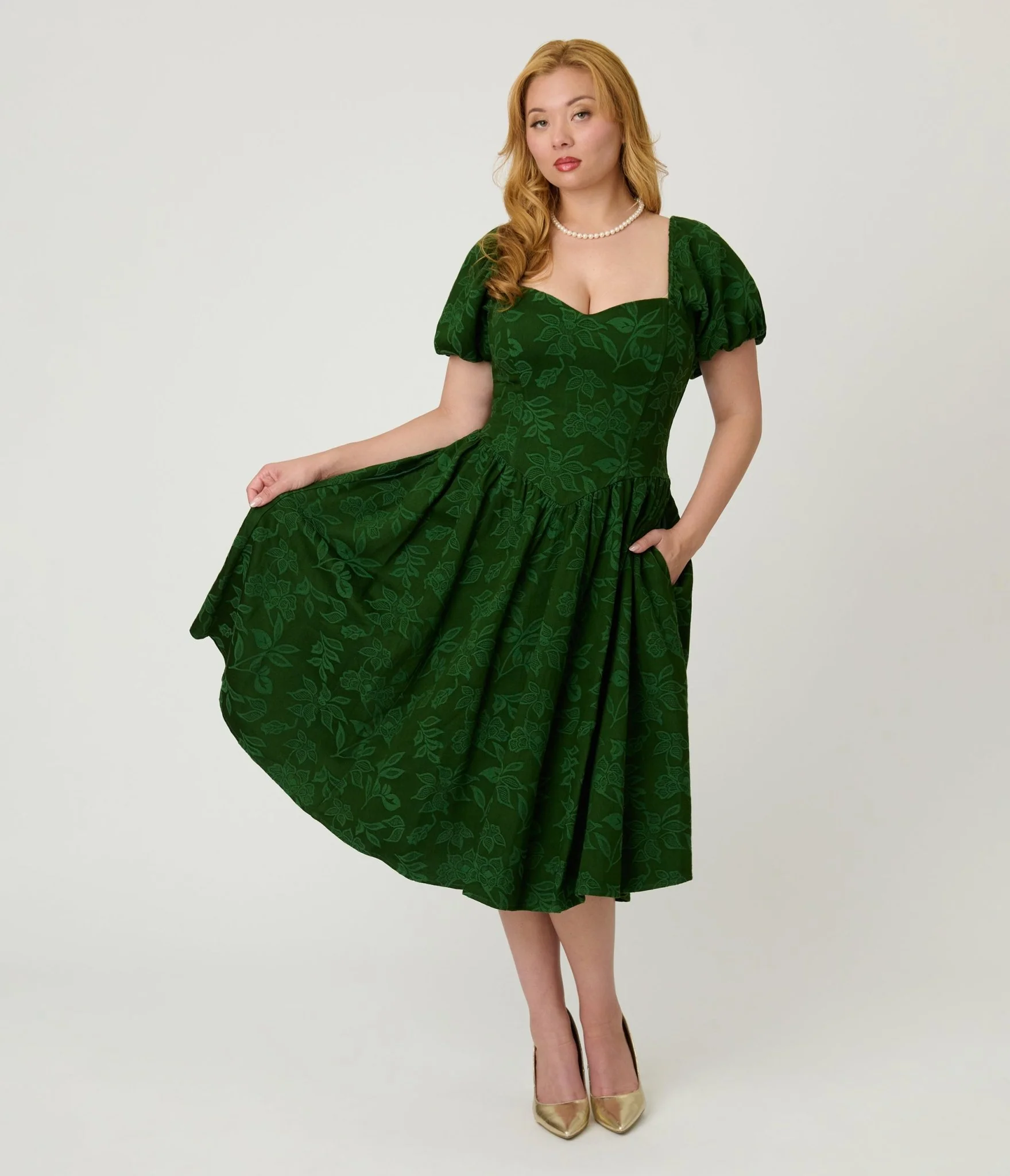 Smak Parlour Green Floral Brocade Swing Dress - Image 3