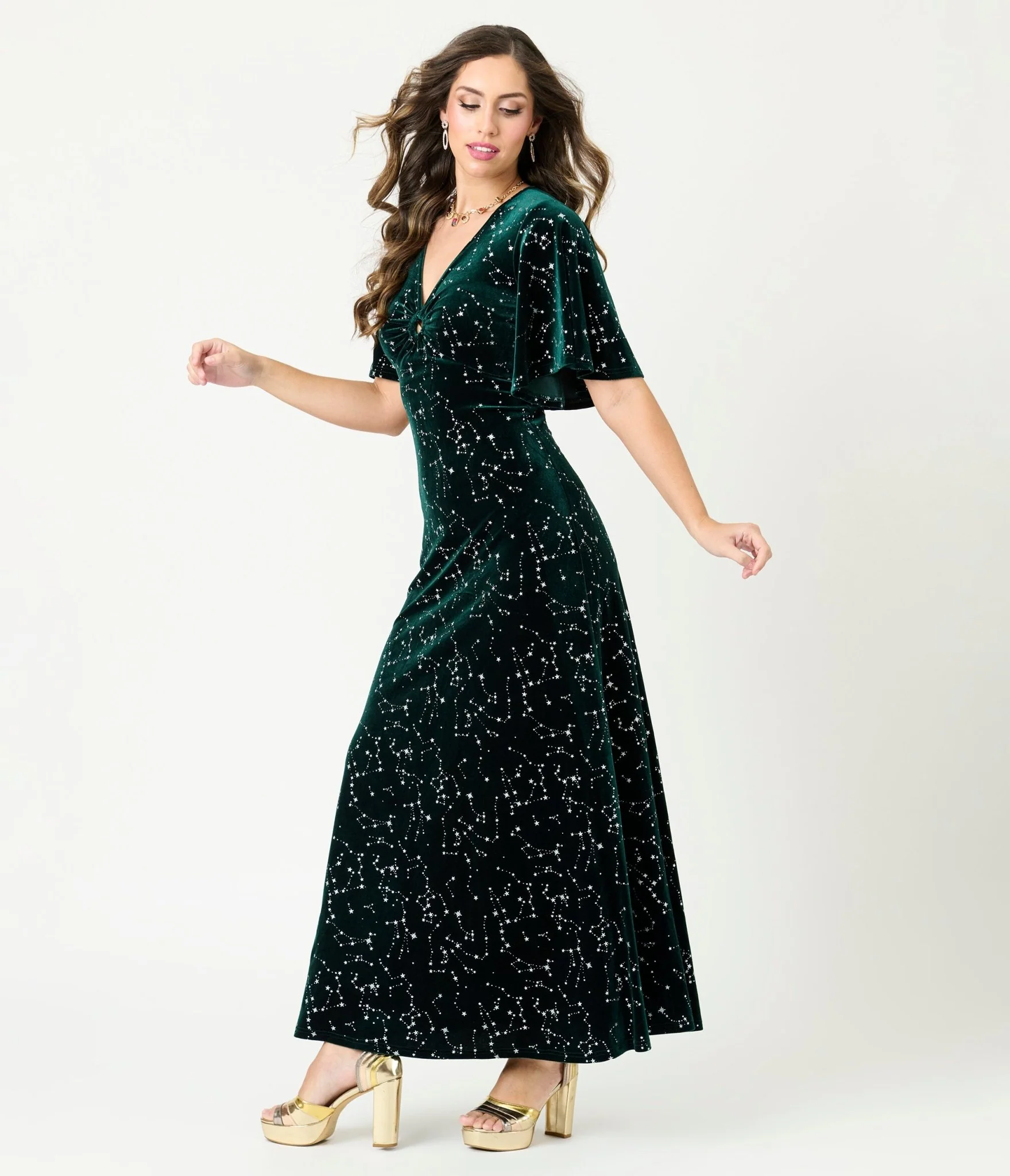Smak Parlour Green Velvet Silver Stars Maxi Dress - Image 3