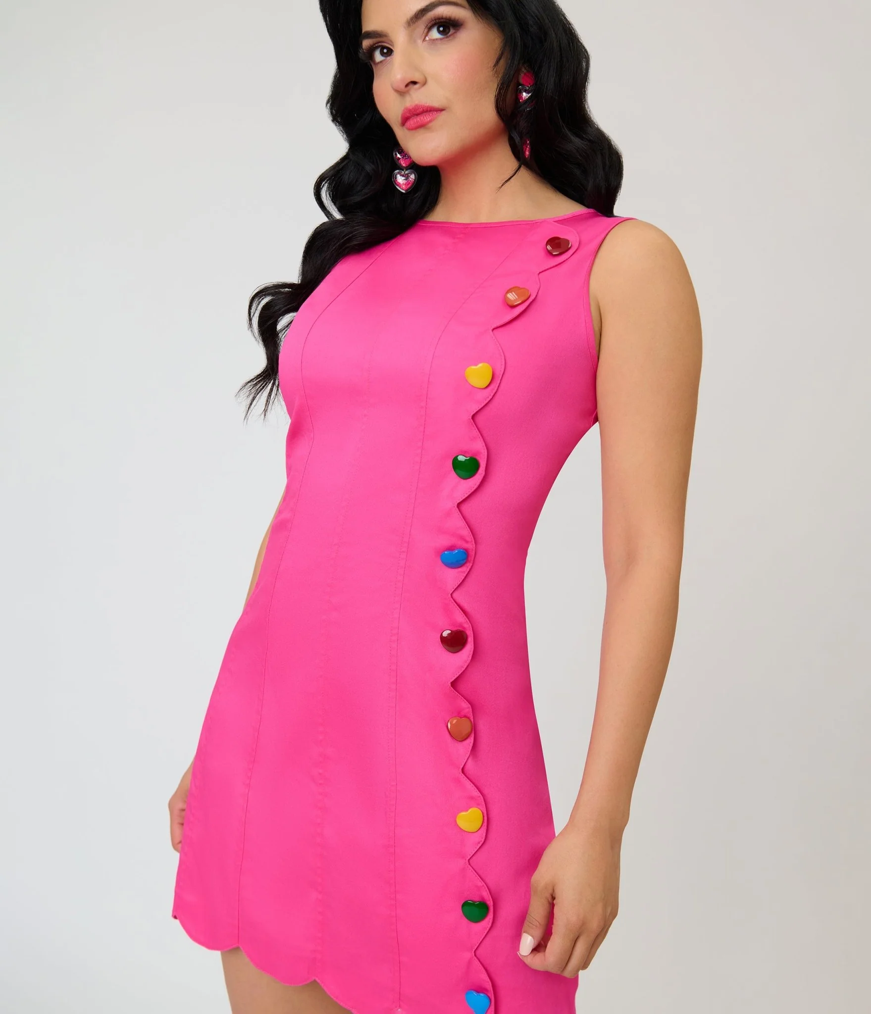Smak Parlour Hot Pink & Rainbow Buttons Scallop Mini Dress - Image 5