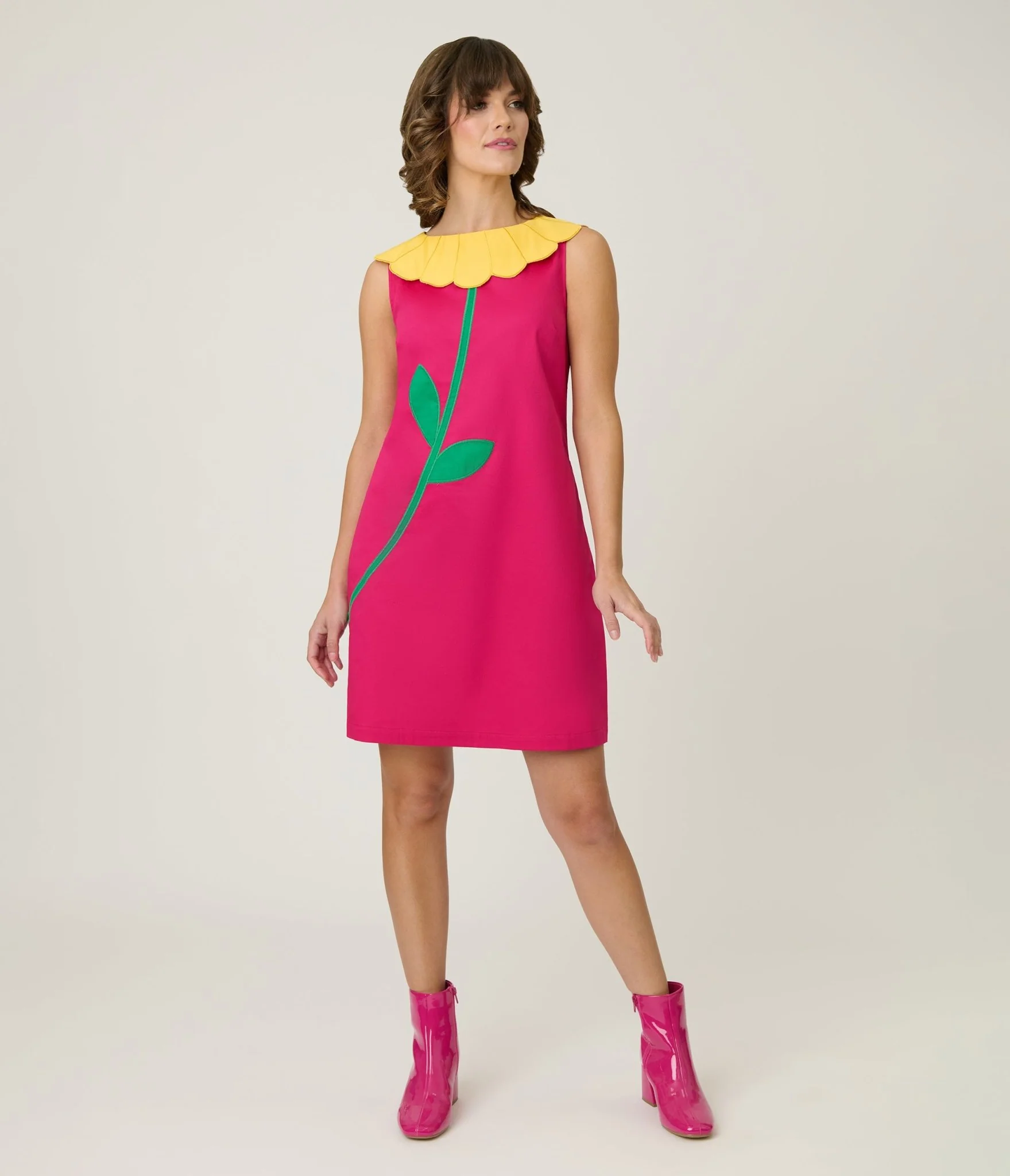 Smak Parlour Hot Pink & Yellow Petal Collar Cotton Shift Dress