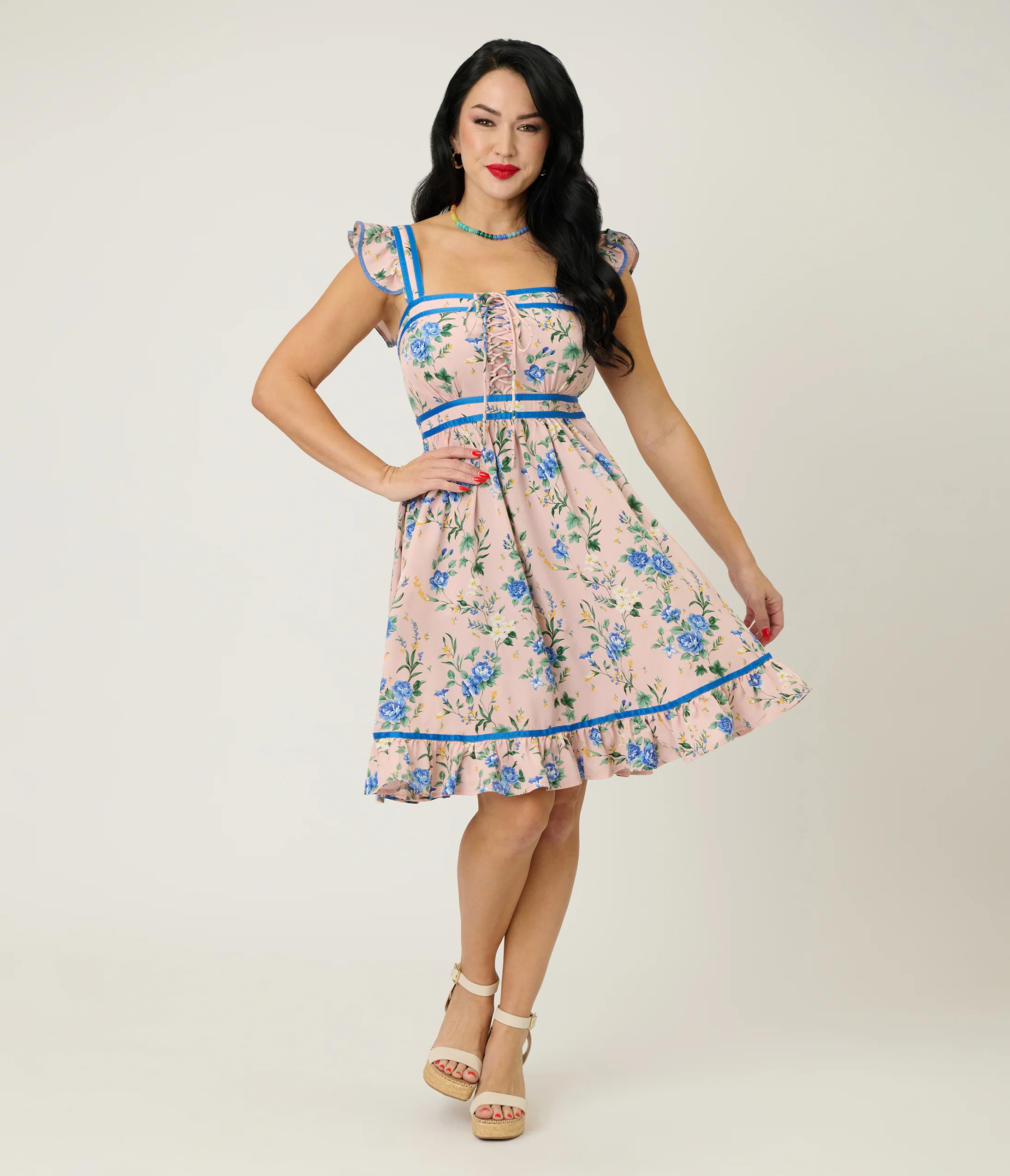 Smak Parlour Light Pink & Blue Floral Corset Fit & Flare Dress - Image 3
