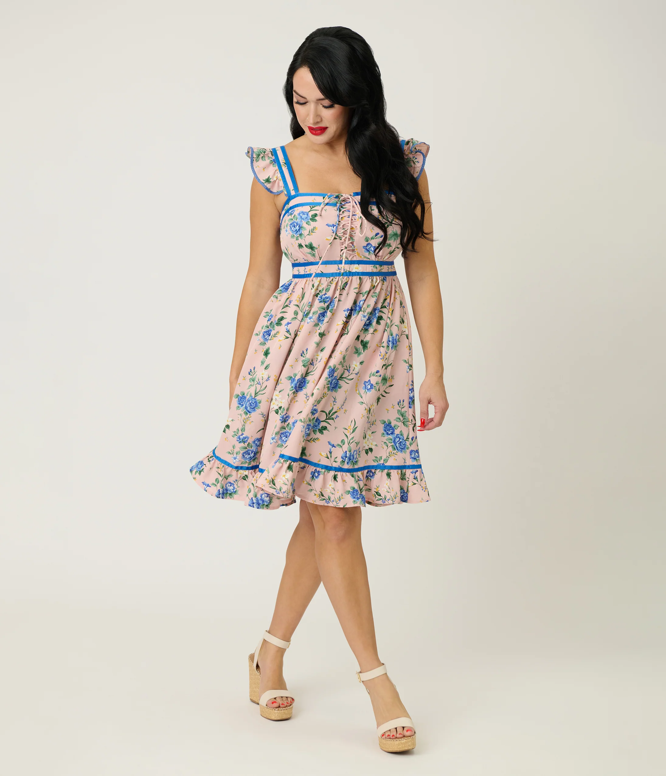 Smak Parlour Light Pink & Blue Floral Corset Fit & Flare Dress - Image 4