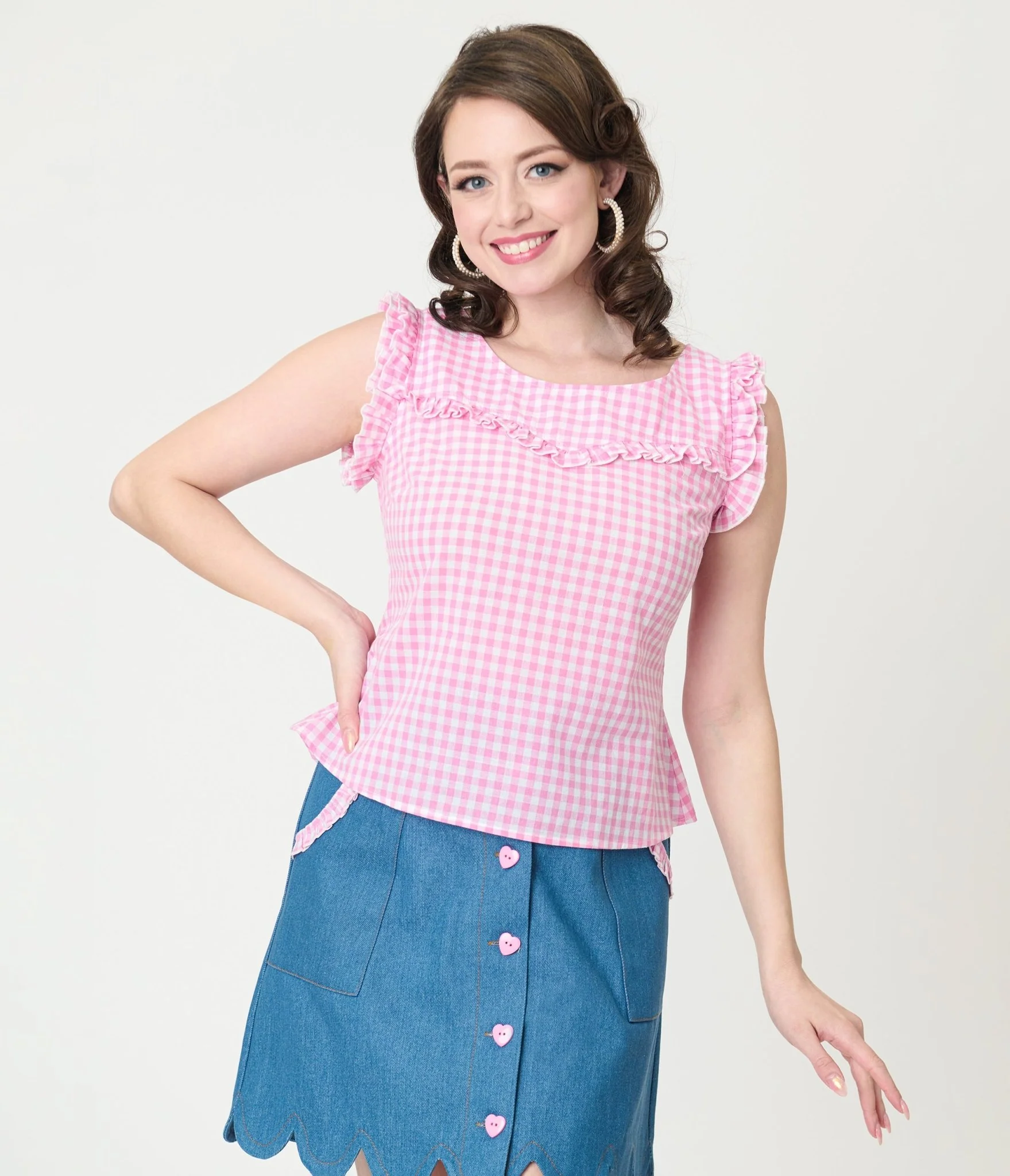 Smak Parlour Pink Gingham Ruffle Cotton Blouse - Image 3