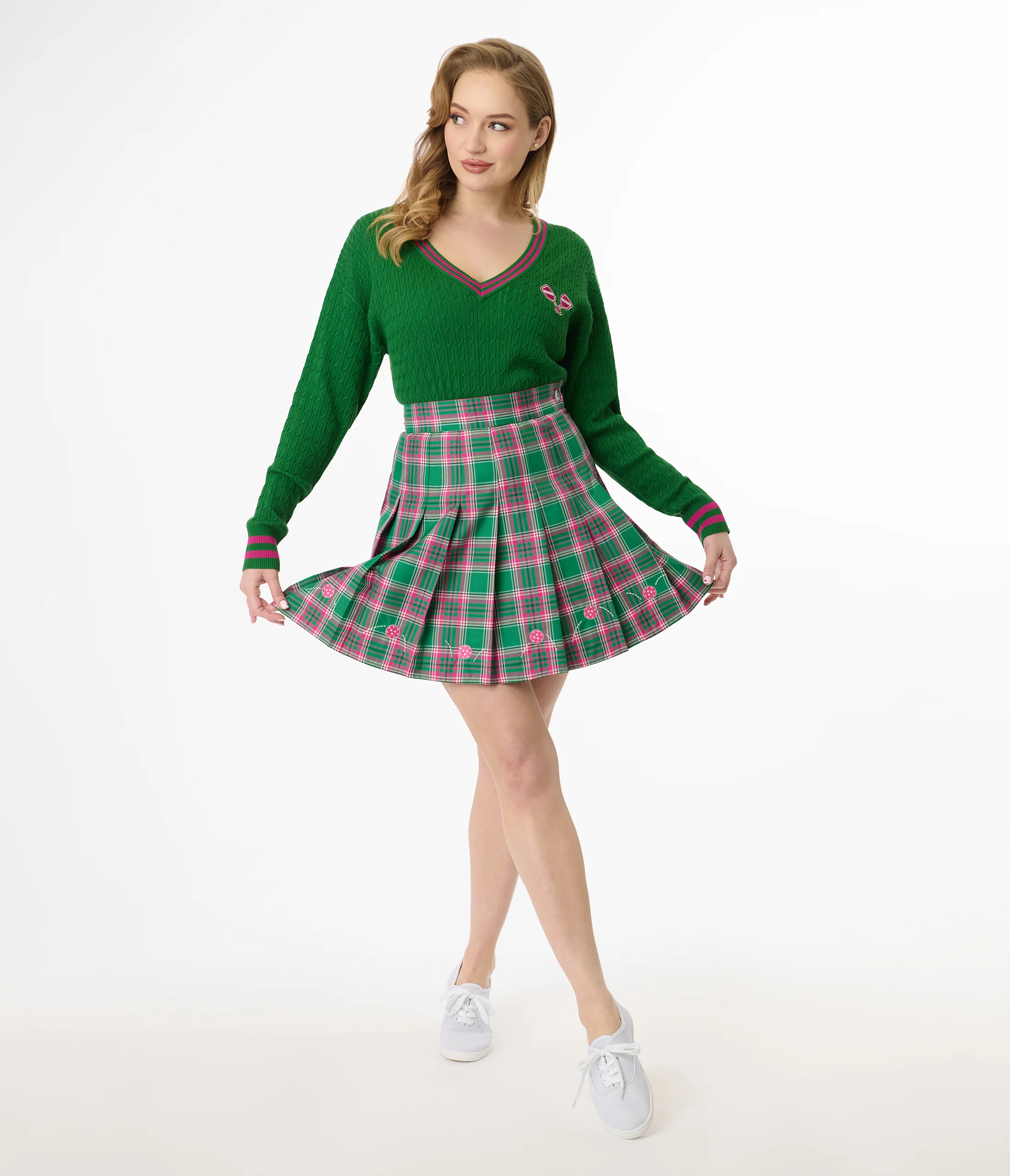Smak Parlour Pink & Green Plaid Pickleball Pleated Mini Skirt - Image 4