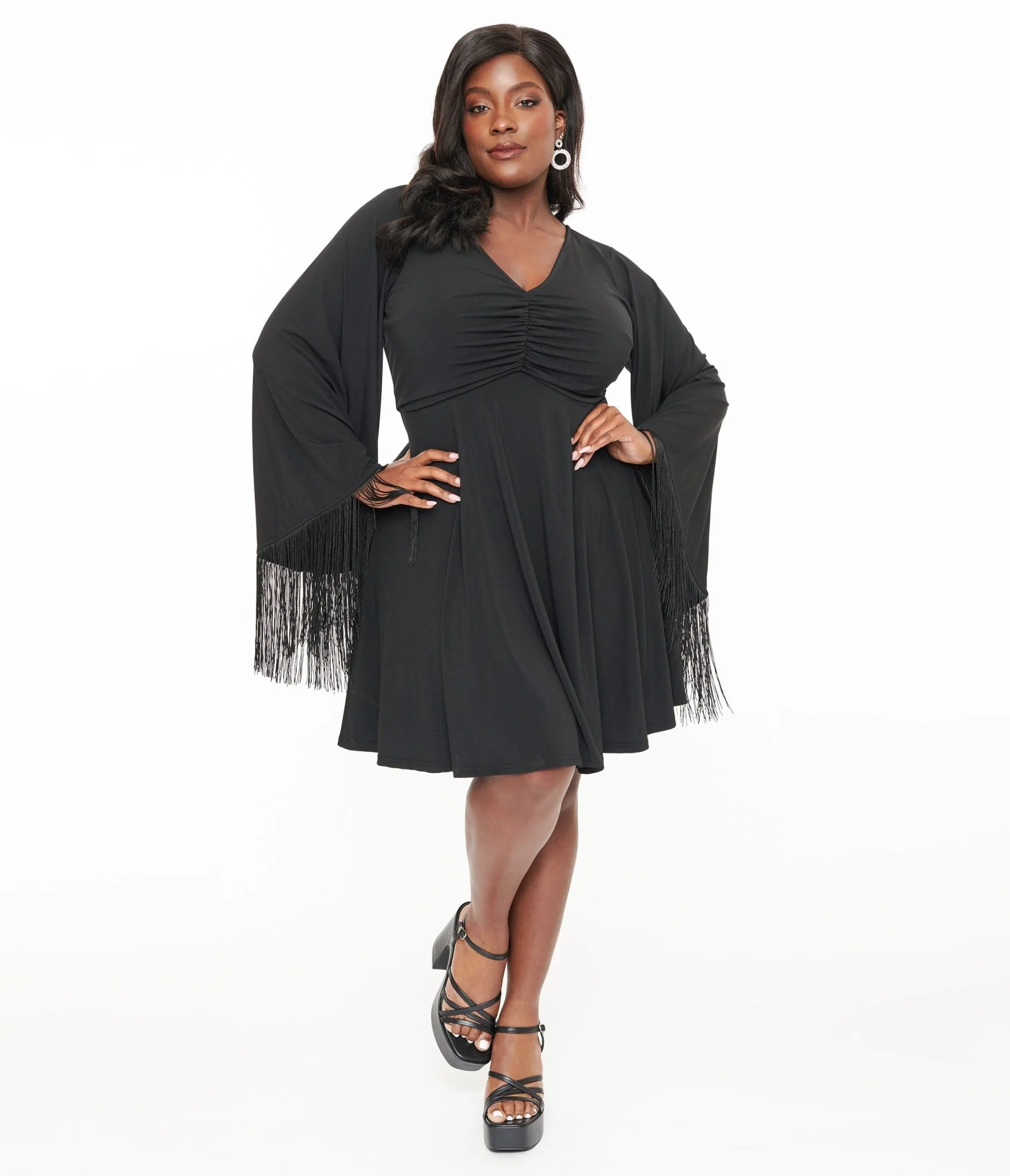 Smak Parlour Plus Size Black Fringe Bell Sleeve Fit & Flare Dress - Image 3