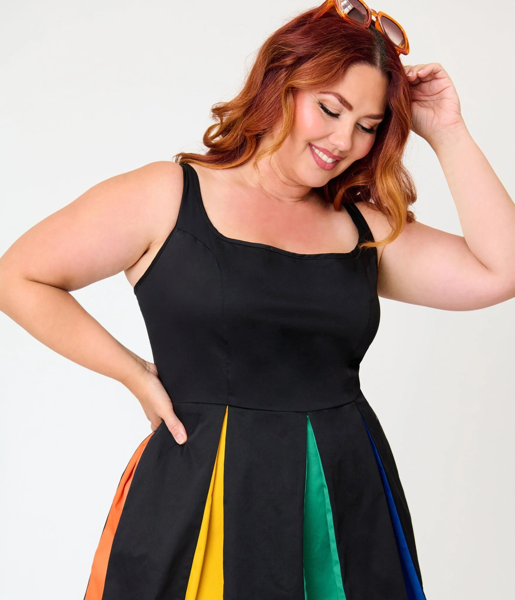 Smak Parlour Plus Size Black & Rainbow Pleated Skirted Romper - Image 4