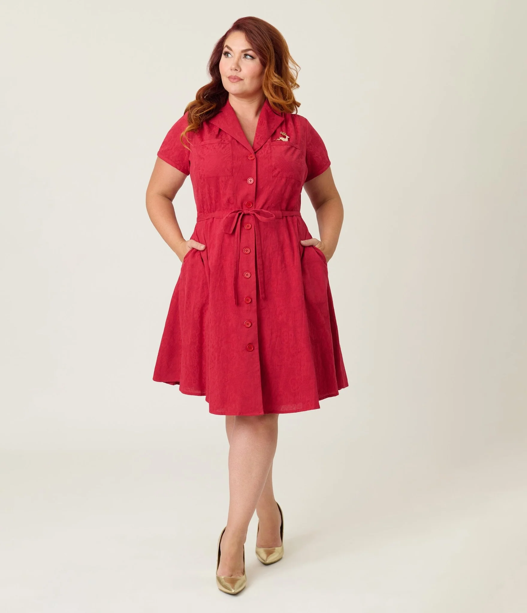 Smak Parlour Plus Size Burgundy Reindeer Cotton Fit & Flare Dress