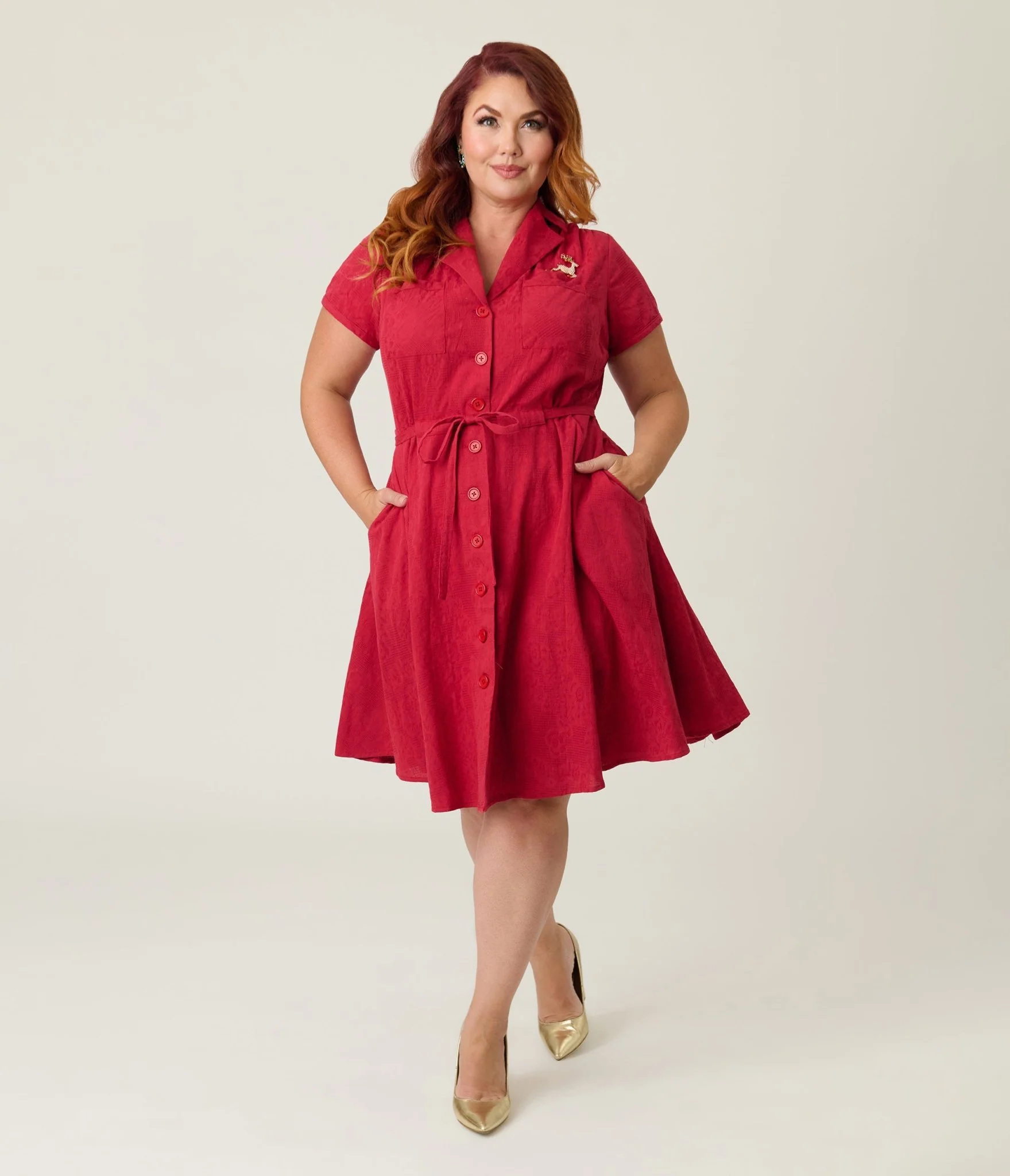 Smak Parlour Plus Size Burgundy Reindeer Cotton Fit & Flare Dress - Image 3