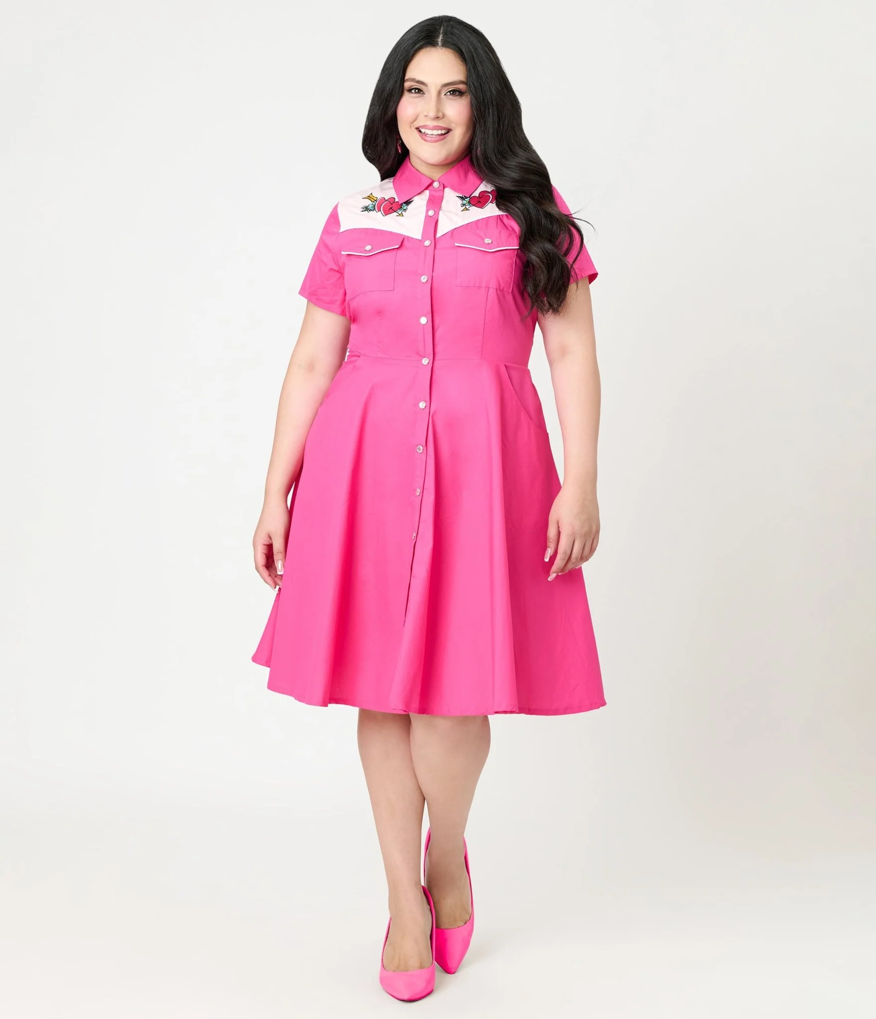Smak Parlour Plus Size Hot Pink Embroidered Heart Western Flare Dress - Image 4