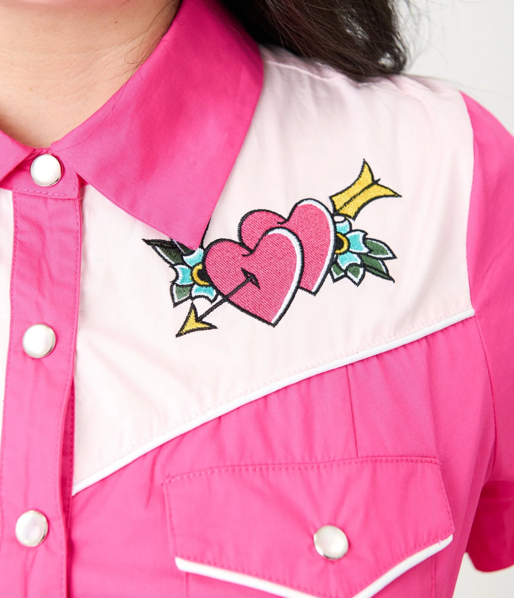 Smak Parlour Plus Size Hot Pink Embroidered Heart Western Flare Dress - Image 5