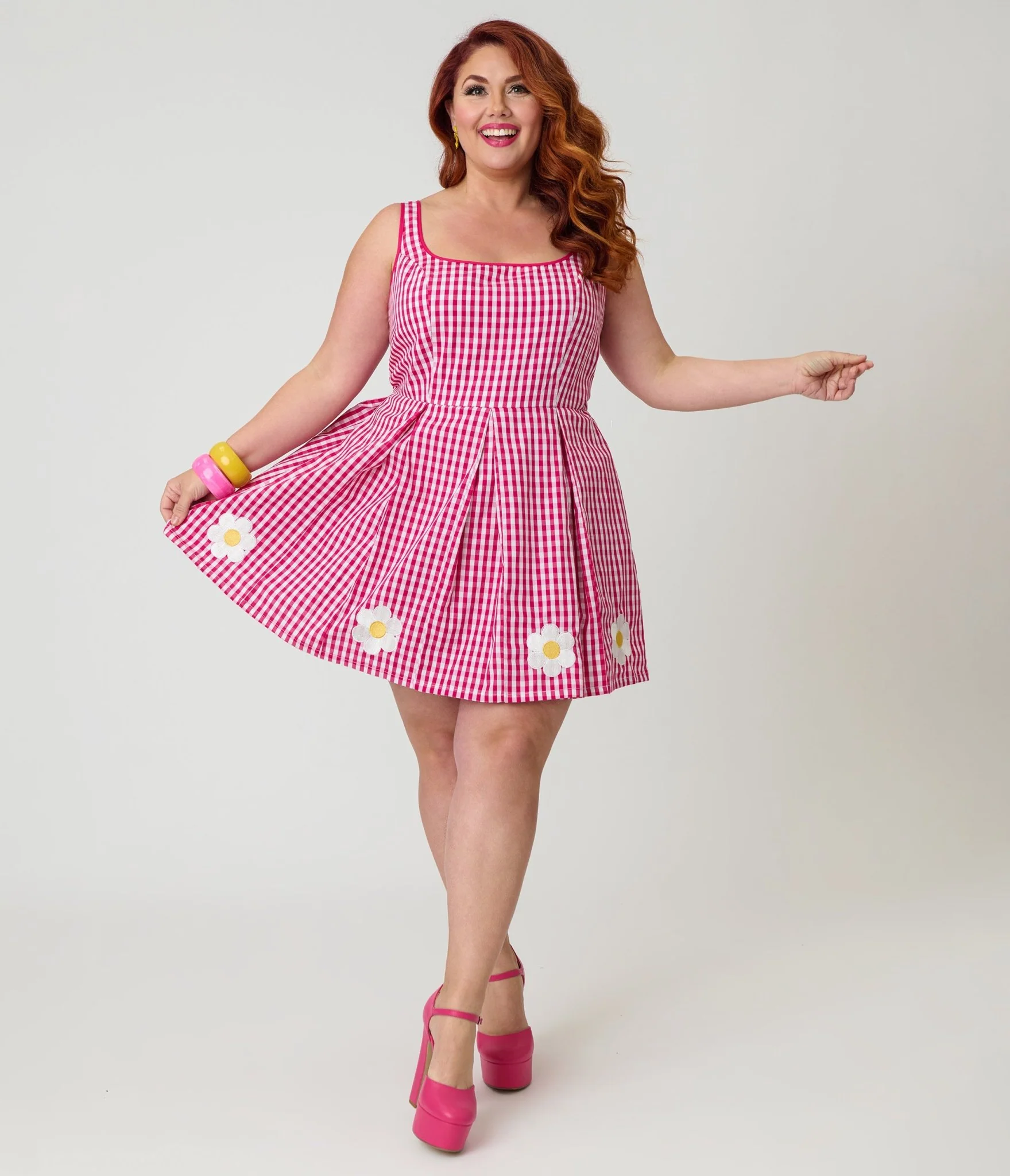 Smak Parlour Plus Size Hot Pink Gingham & Daisy Pleated Skirted Romper - Image 4