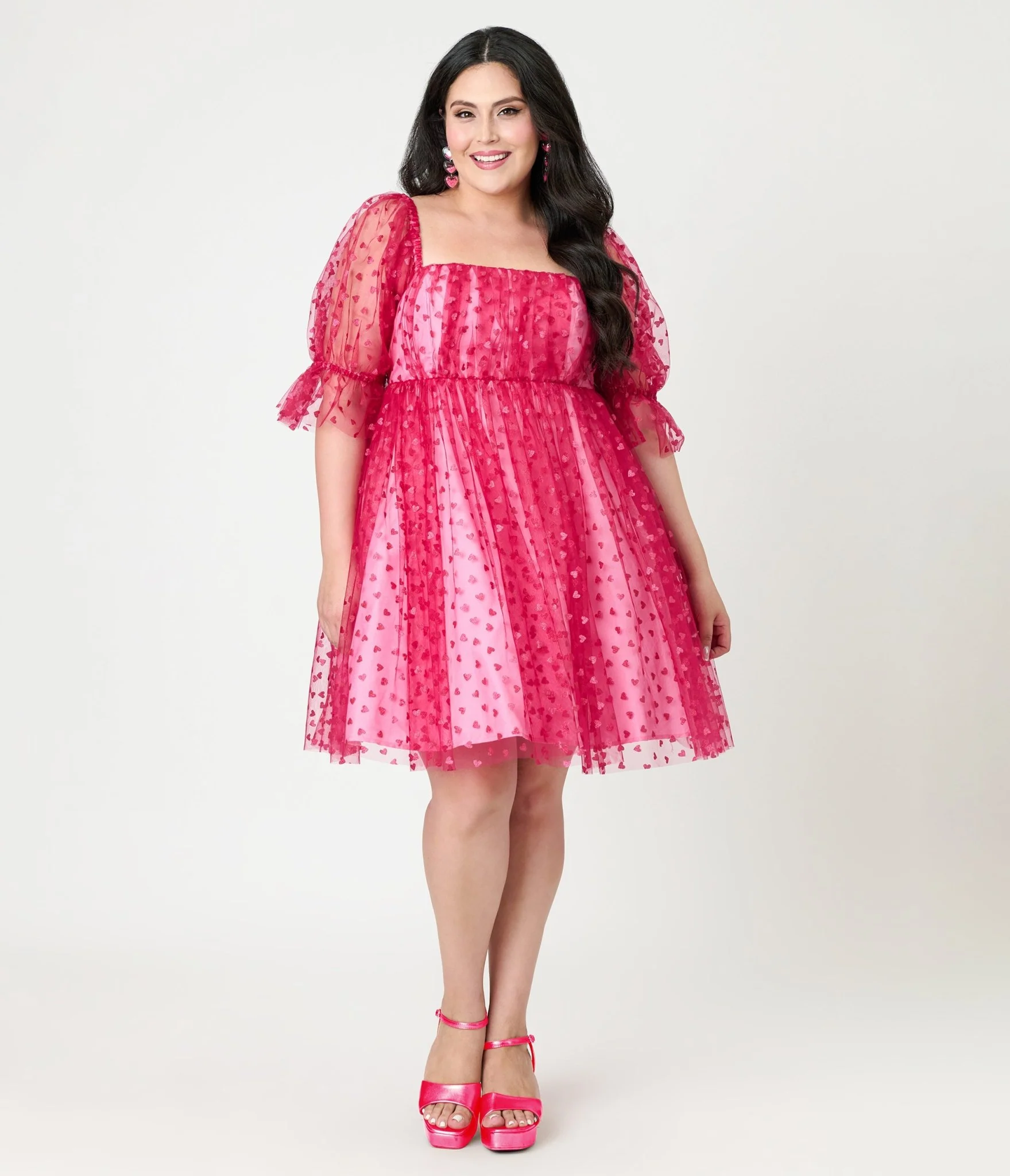 Smak Parlour Plus Size Hot Pink Glitter Hearts Love Interest Babydoll Dress - Image 3