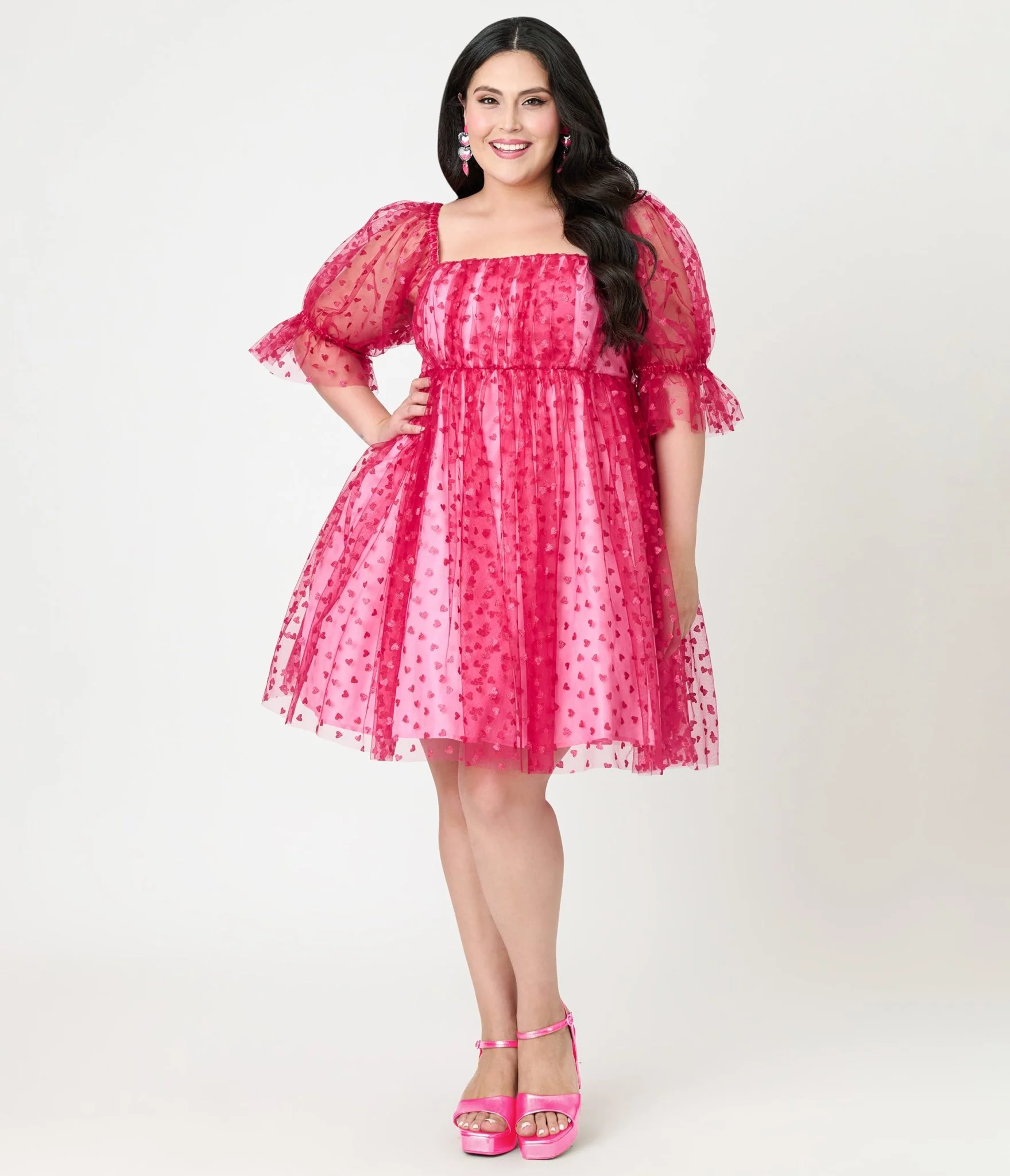 Smak Parlour Plus Size Hot Pink Glitter Hearts Love Interest Babydoll Dress - Image 4