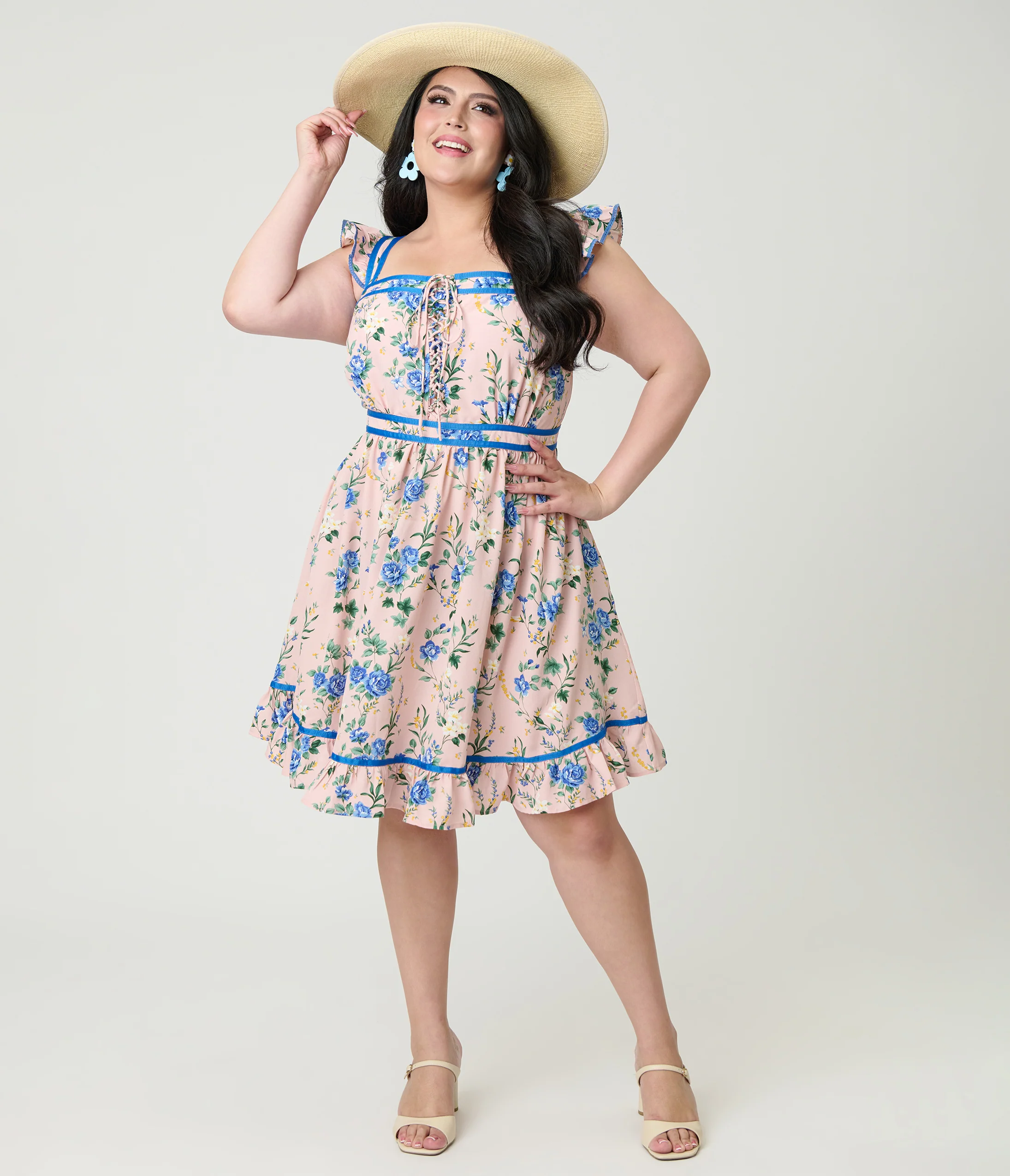 Smak Parlour Plus Size Light Pink & Blue Floral Corset Fit & Flare Dress - Image 3