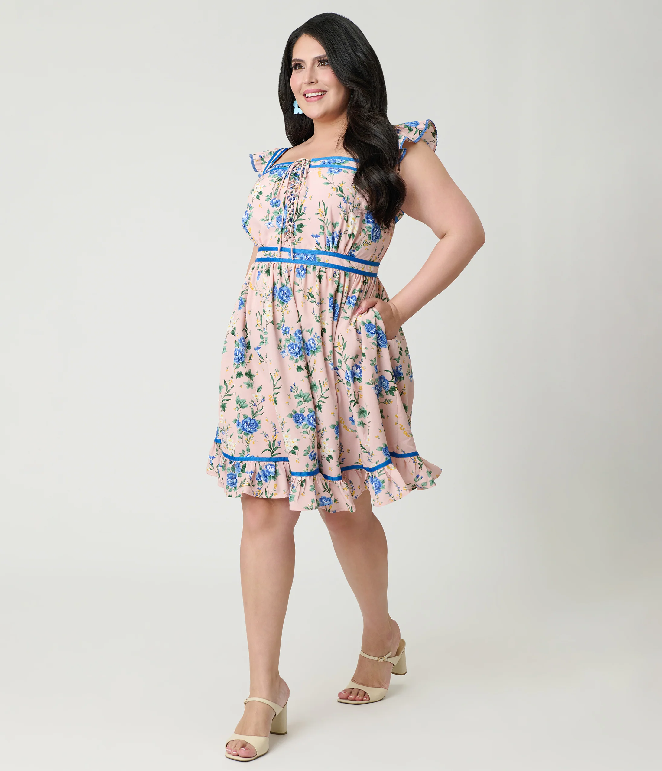 Smak Parlour Plus Size Light Pink & Blue Floral Corset Fit & Flare Dress - Image 4