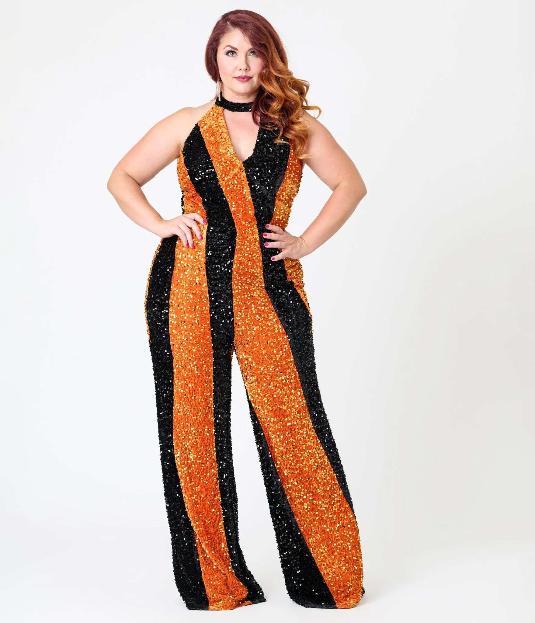Smak Parlour Plus Size Orange & Silver Sequin Glamour Goddess Jumpsuit - Image 4