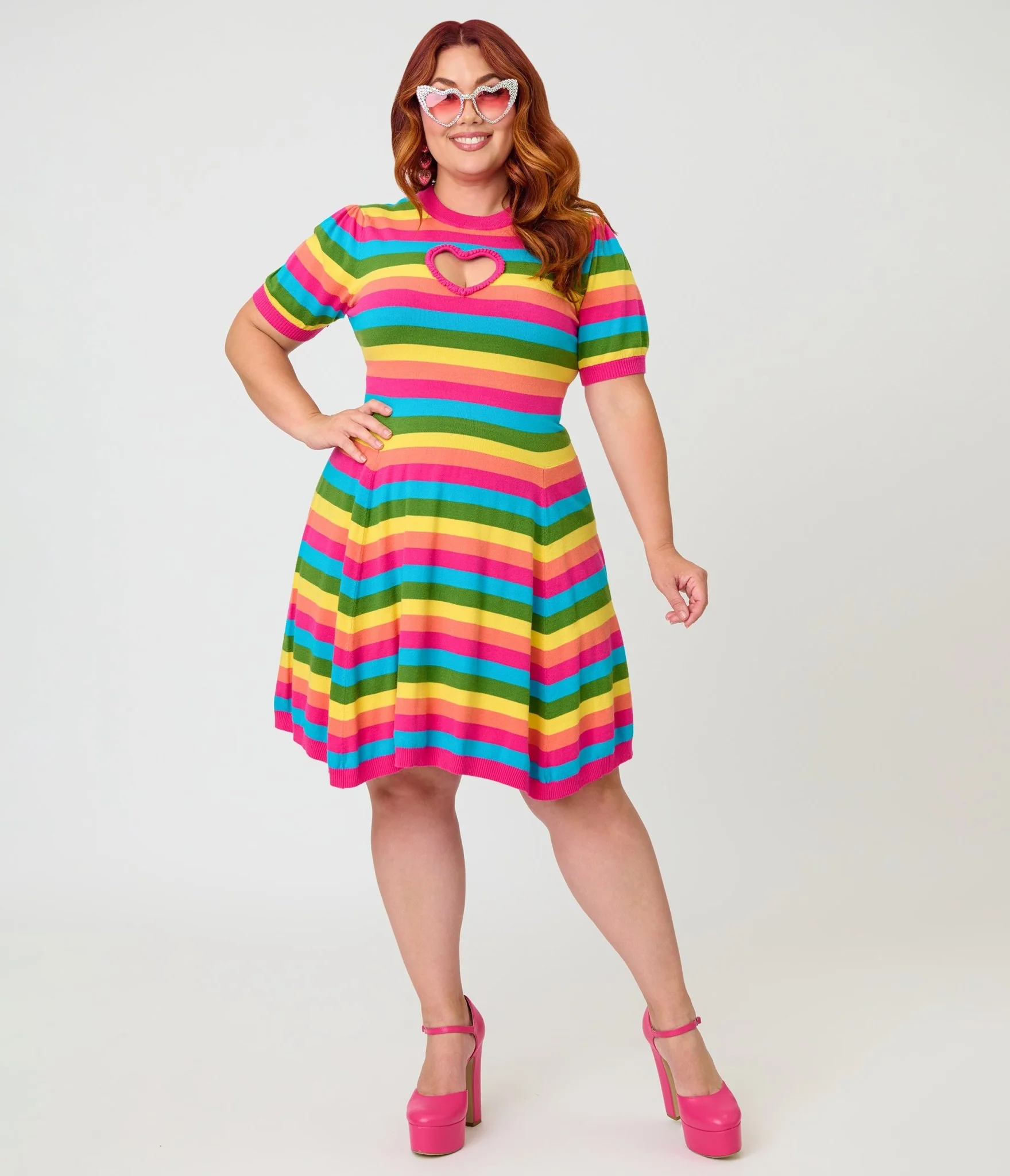 Smak Parlour Plus Size Rainbow Stripe Heart Cutout Flare Dress