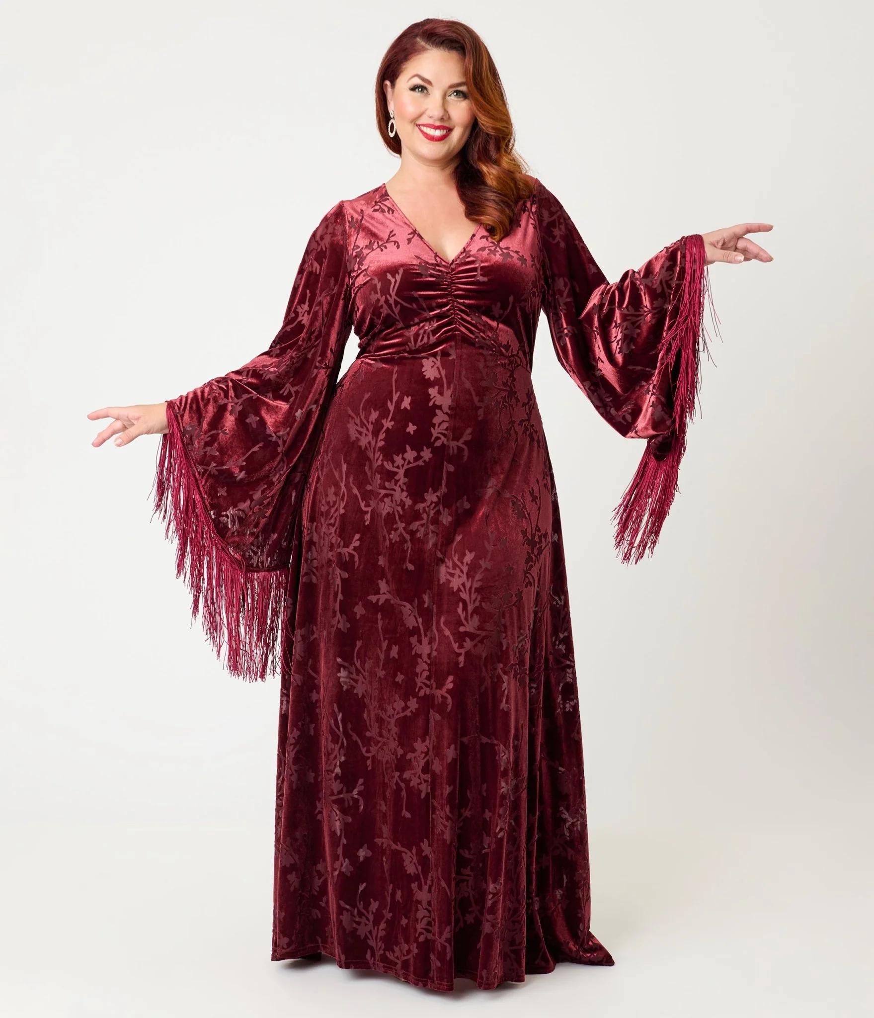 Smak Parlour Plus Size Raspberry Velvet Burnout Fringe Sleeve Stevie Maxi Dress - Image 4