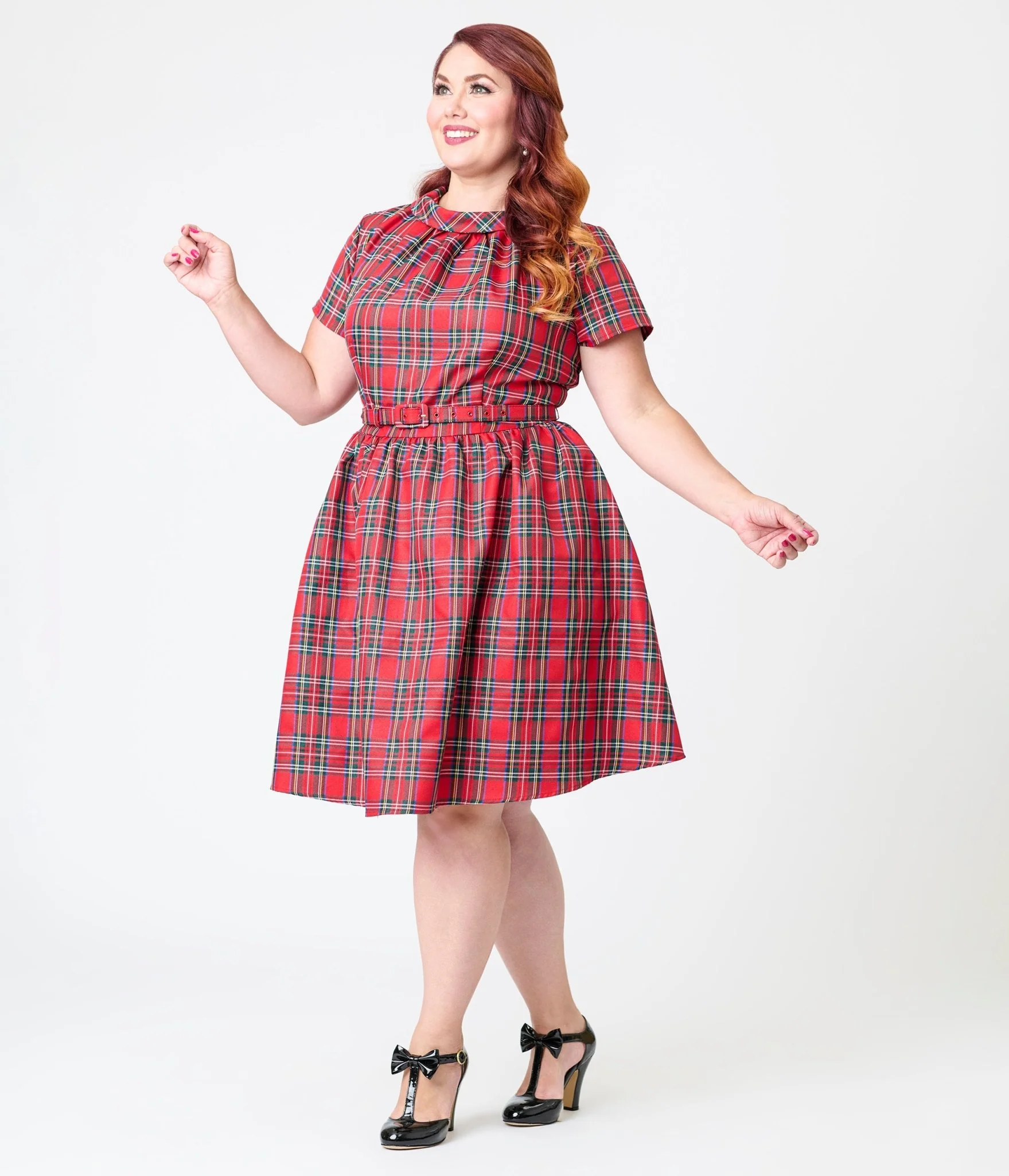 Smak Parlour Plus Size Red Plaid Flare Dress - Image 3