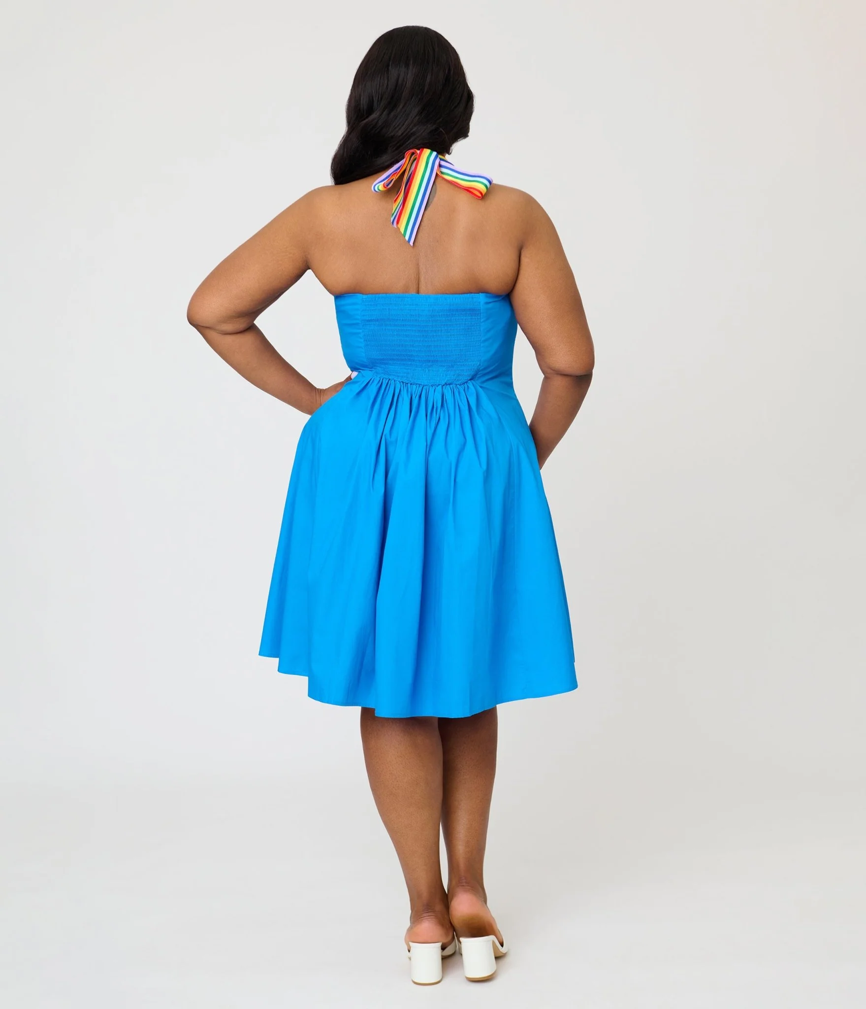 Smak Parlour Plus Size Royal Blue & Rainbow Sweetheart Halter Flare Dress - Image 2