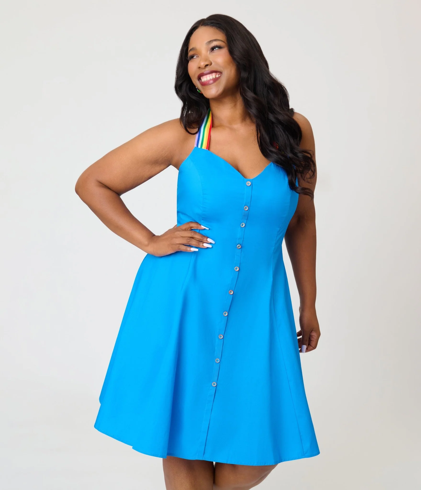 Smak Parlour Plus Size Royal Blue & Rainbow Sweetheart Halter Flare Dress - Image 3