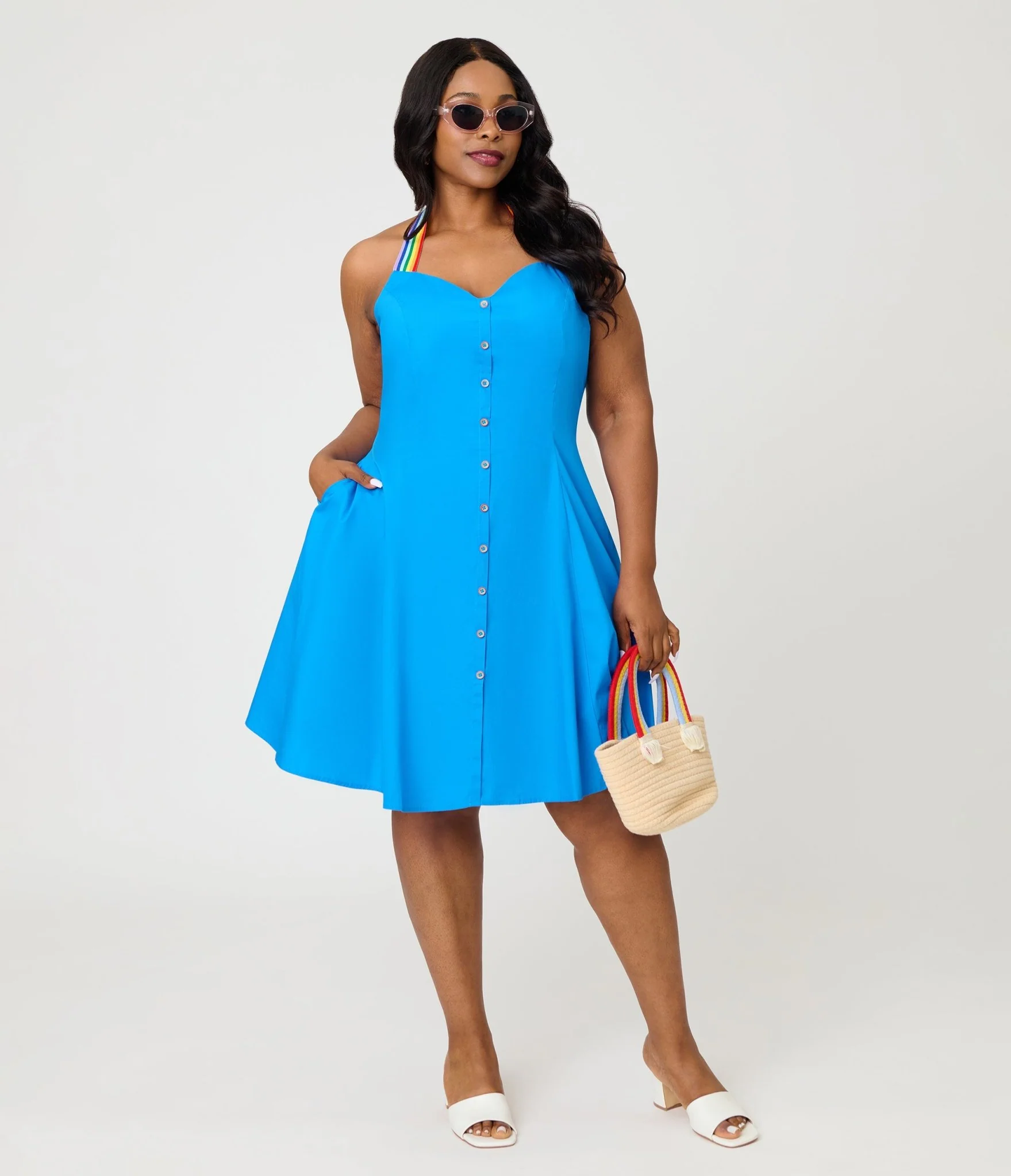 Smak Parlour Plus Size Royal Blue & Rainbow Sweetheart Halter Flare Dress - Image 4