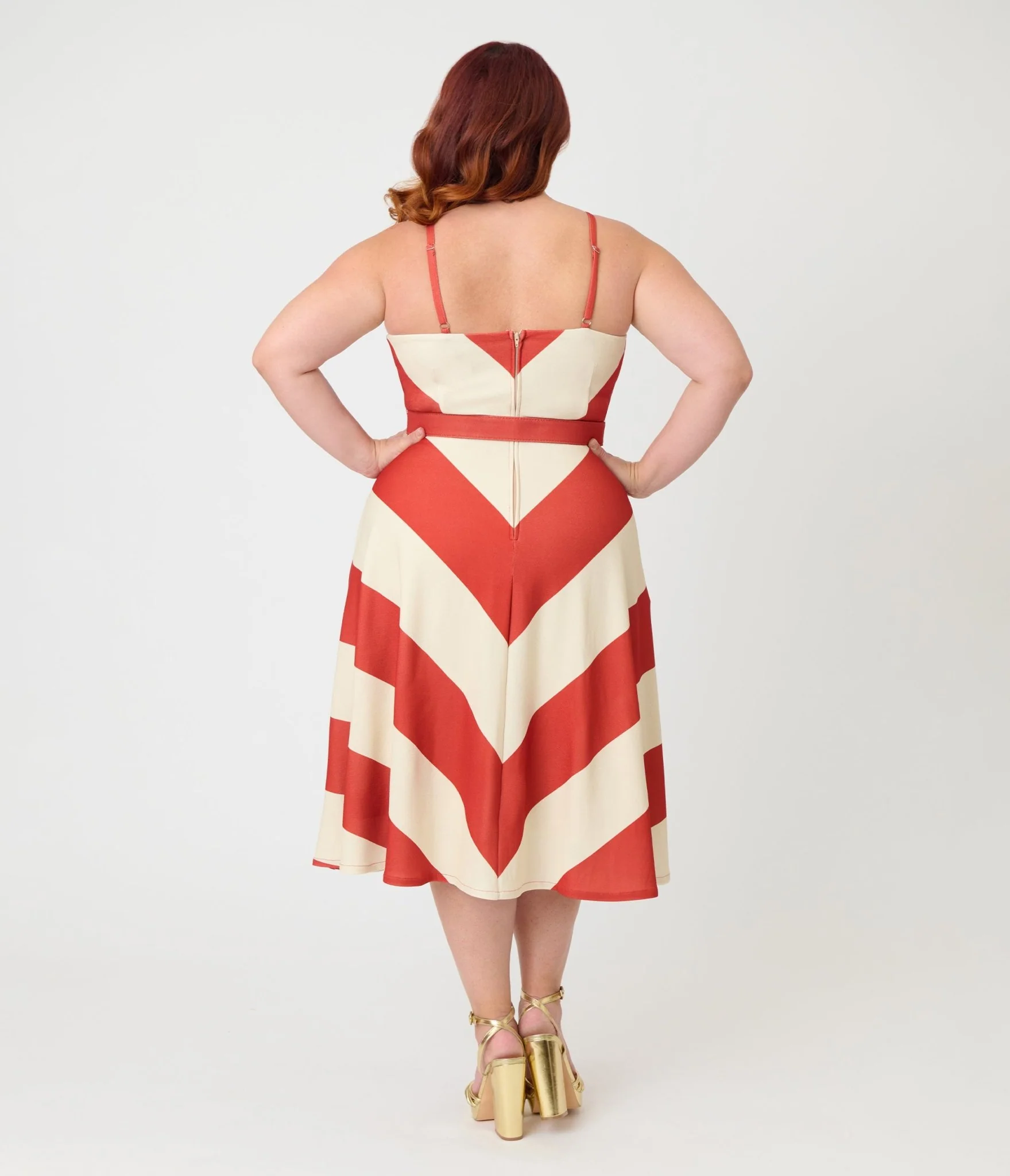 Smak Parlour Plus Size Rust & Ivory Spaghetti Strap Chevron Midi Dress - Image 2