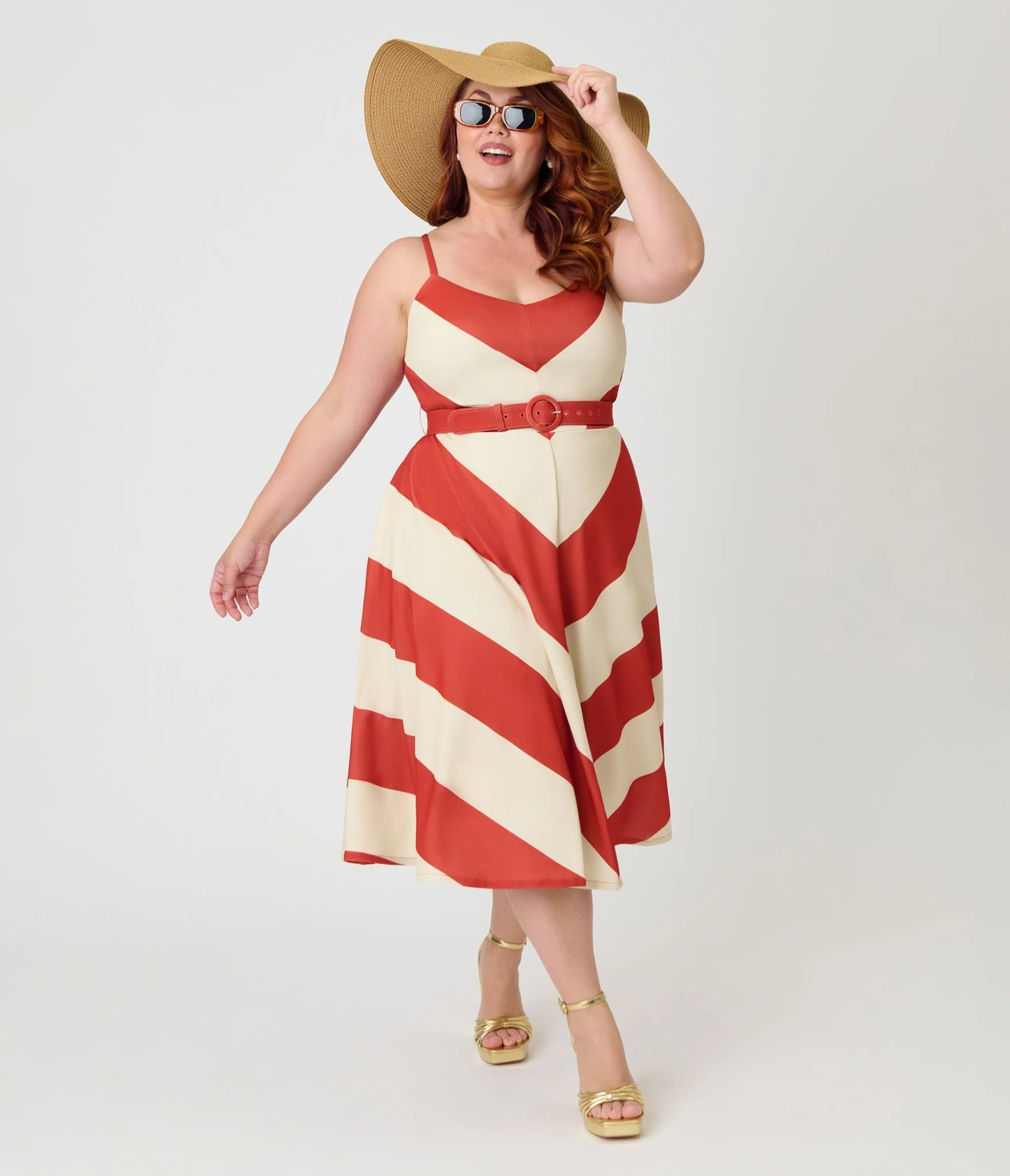 Smak Parlour Plus Size Rust & Ivory Spaghetti Strap Chevron Midi Dress - Image 3
