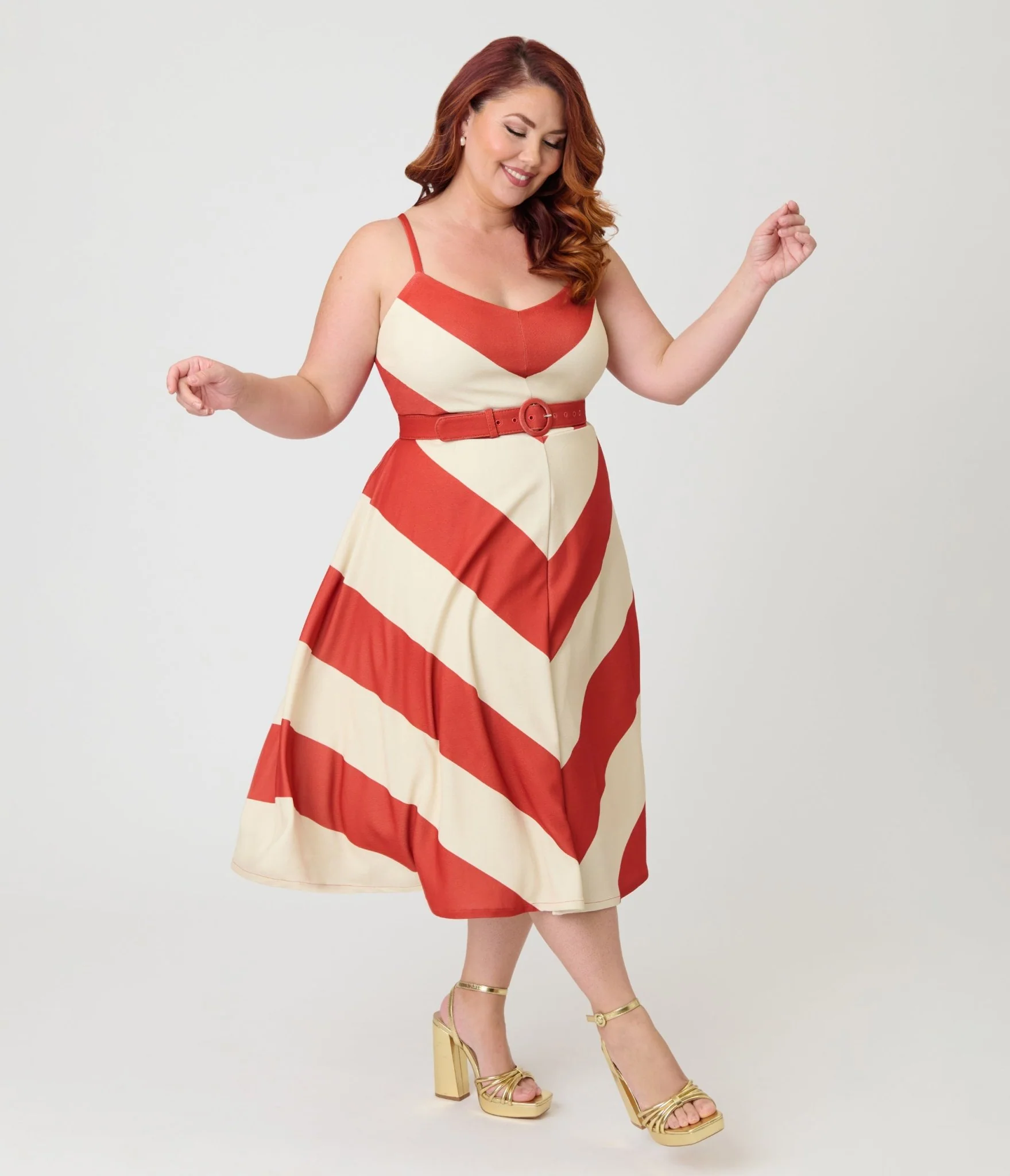 Smak Parlour Plus Size Rust & Ivory Spaghetti Strap Chevron Midi Dress - Image 4