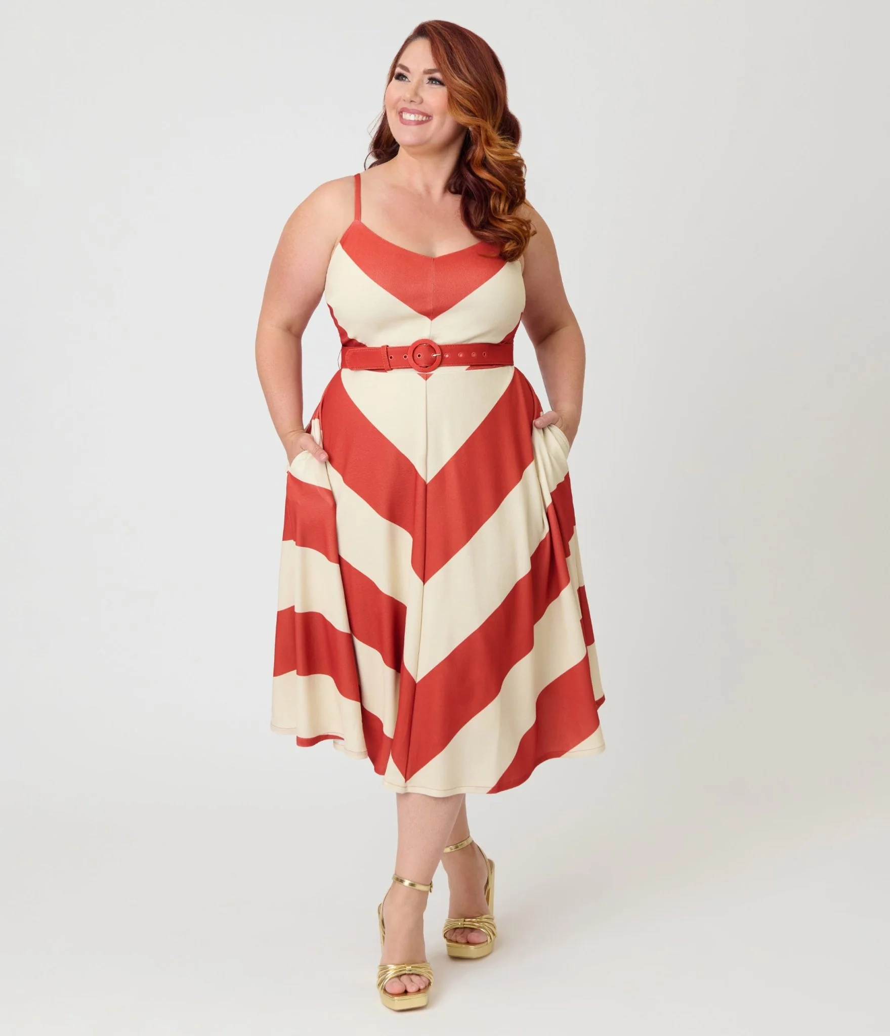 Smak Parlour Plus Size Rust & Ivory Spaghetti Strap Chevron Midi Dress - Image 5