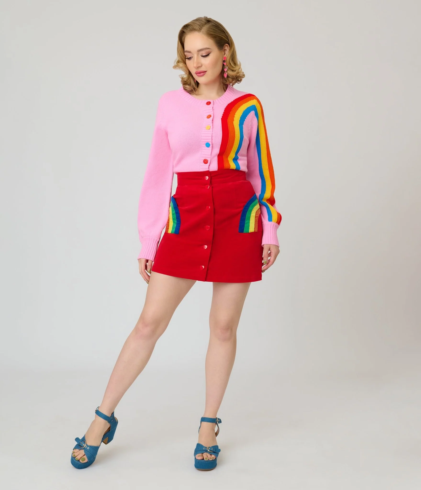 Smak Parlour Red Corduroy & Rainbow Pockets Mini Skirt
