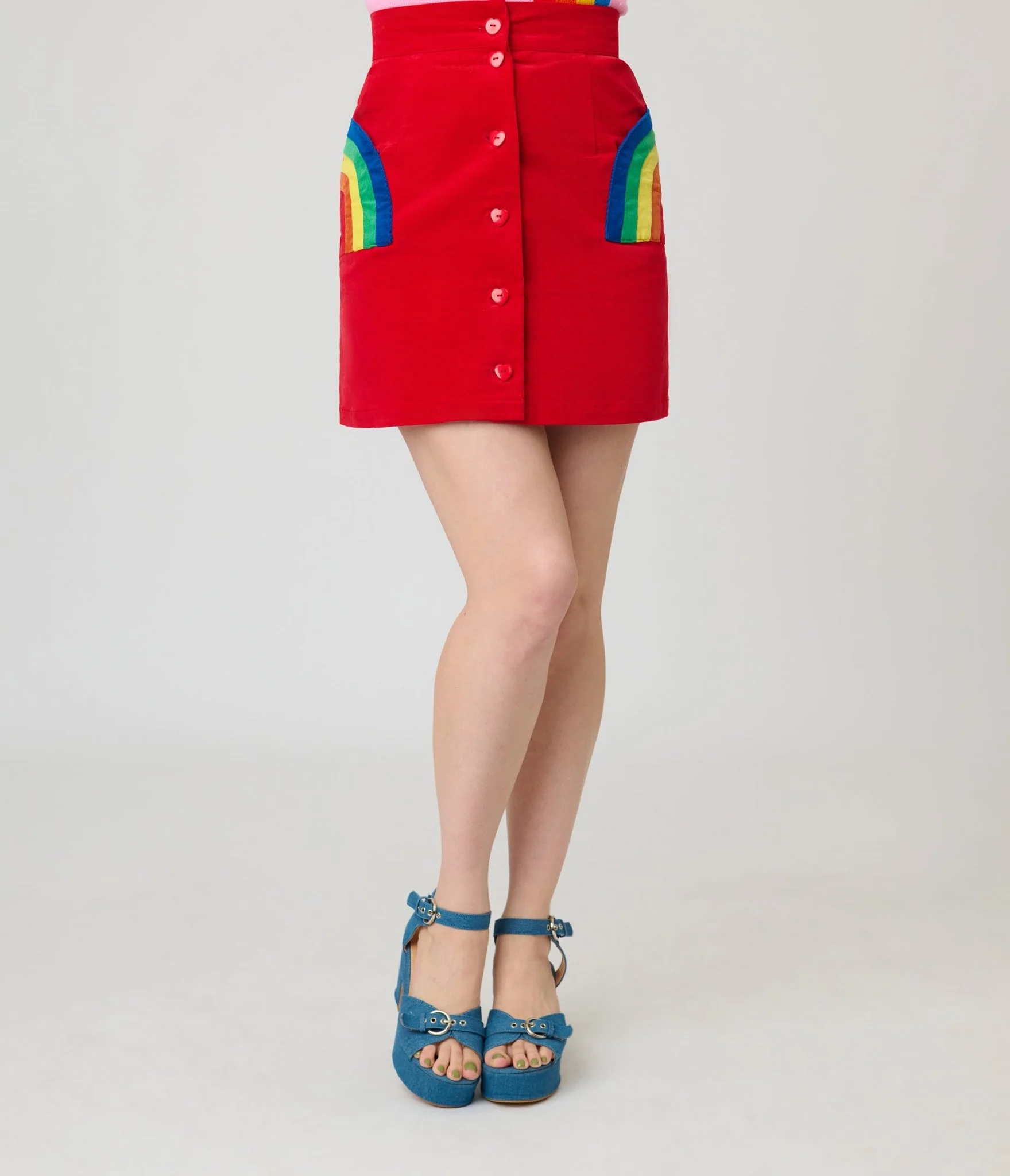 Smak Parlour Red Corduroy & Rainbow Pockets Mini Skirt - Image 2