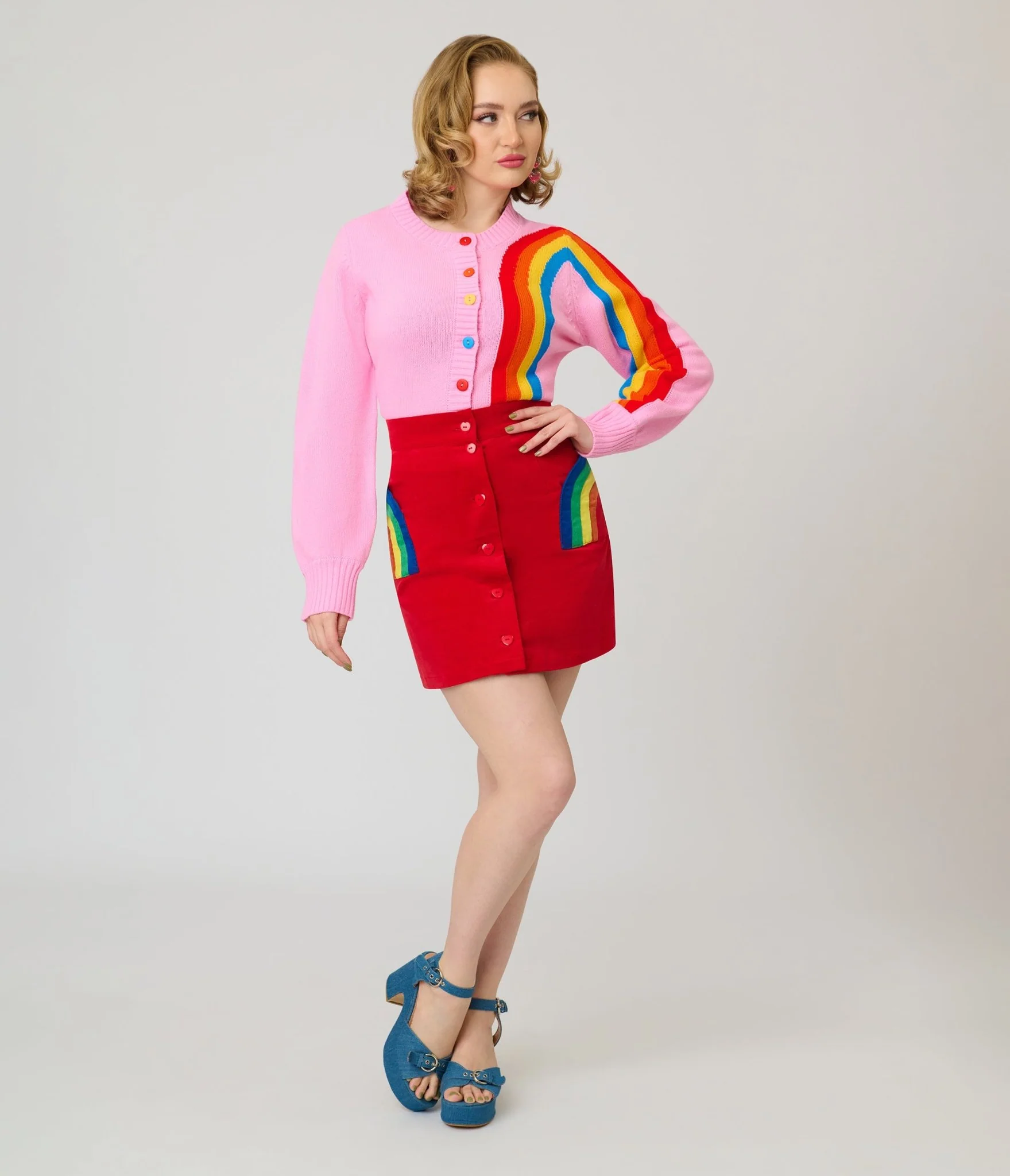 Smak Parlour Red Corduroy & Rainbow Pockets Mini Skirt - Image 4