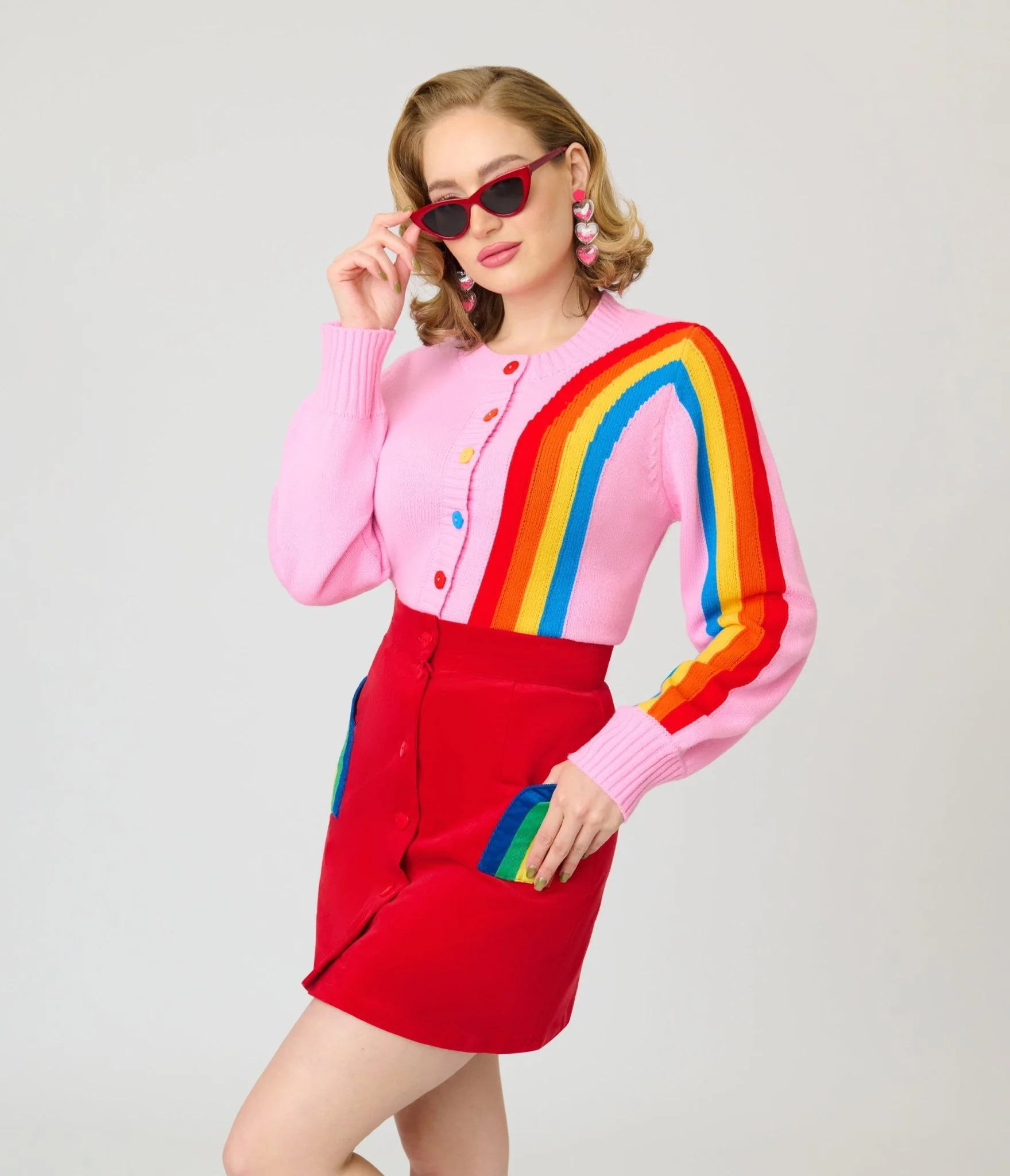 Smak Parlour Red Corduroy & Rainbow Pockets Mini Skirt - Image 5