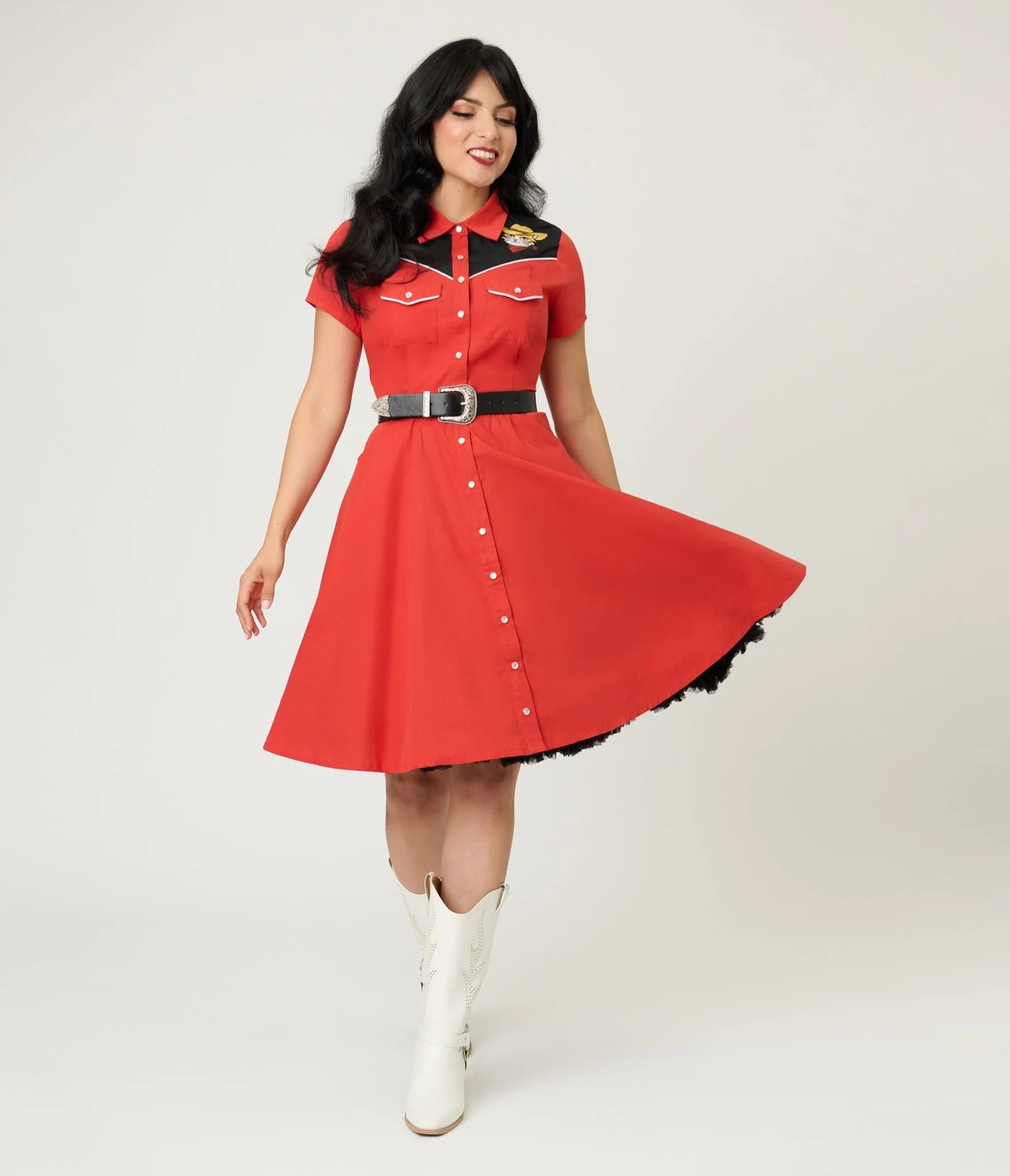 Smak Parlour Red Embroidered Cowboy Cat Western Flare Dress