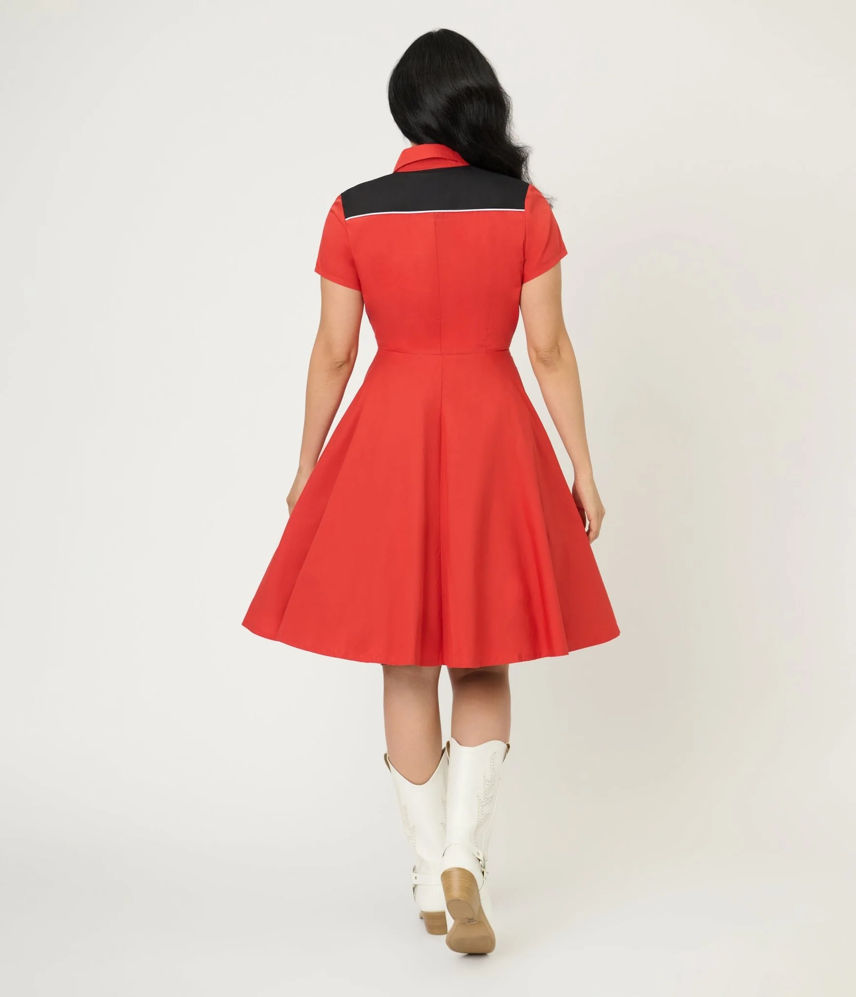 Smak Parlour Red Embroidered Cowboy Cat Western Flare Dress - Image 2