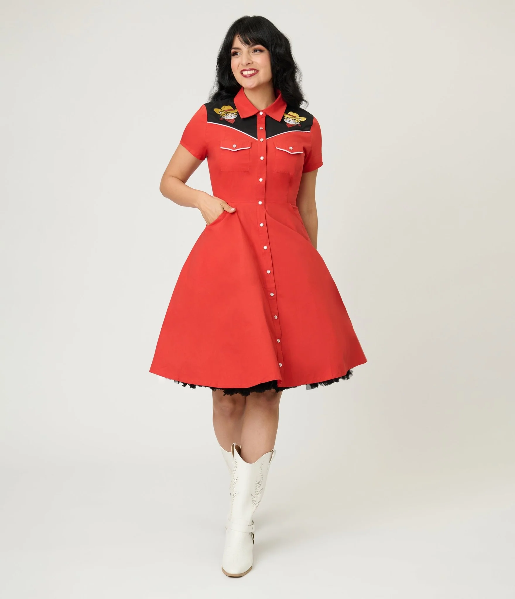 Smak Parlour Red Embroidered Cowboy Cat Western Flare Dress - Image 3
