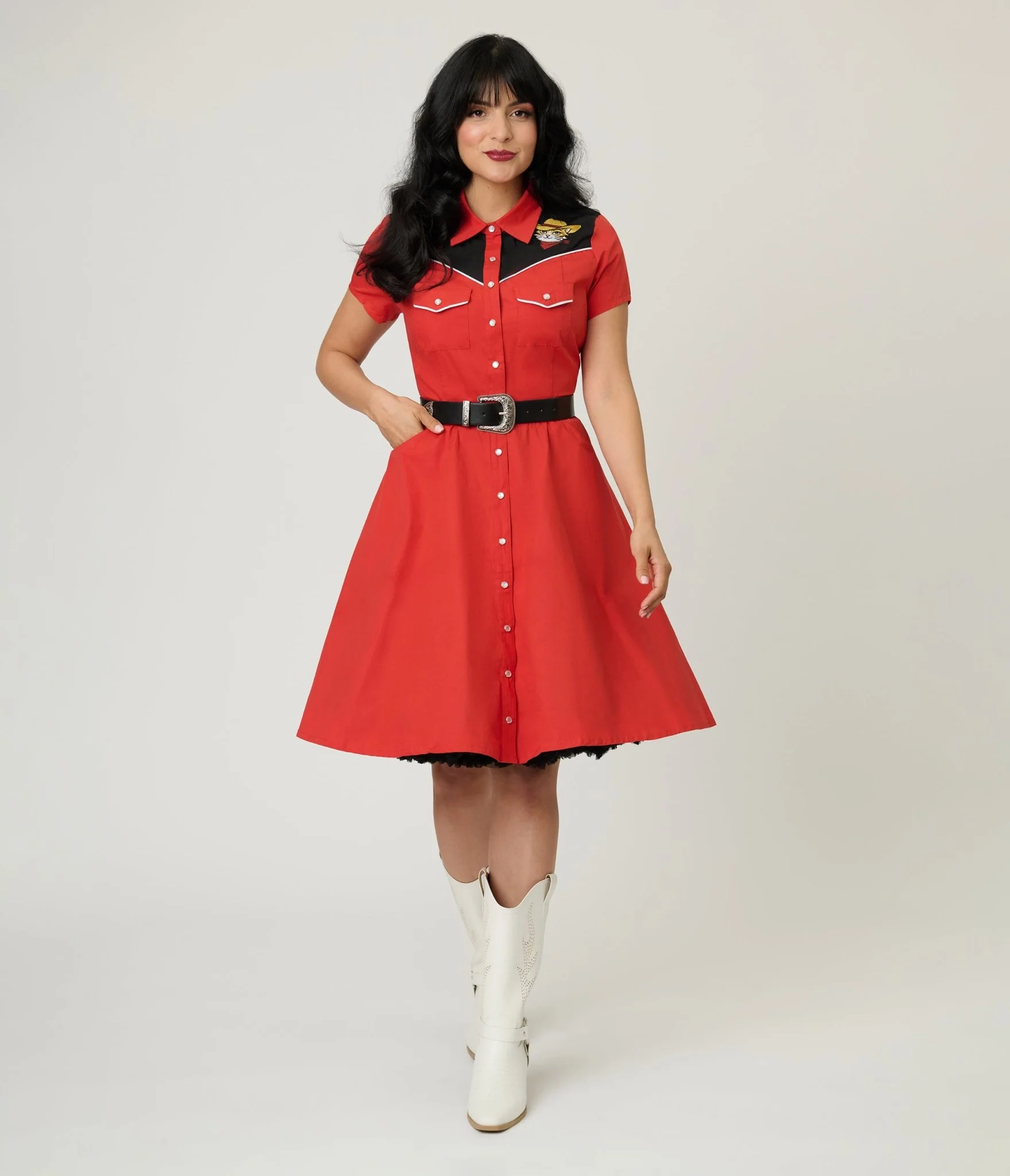 Smak Parlour Red Embroidered Cowboy Cat Western Flare Dress - Image 4