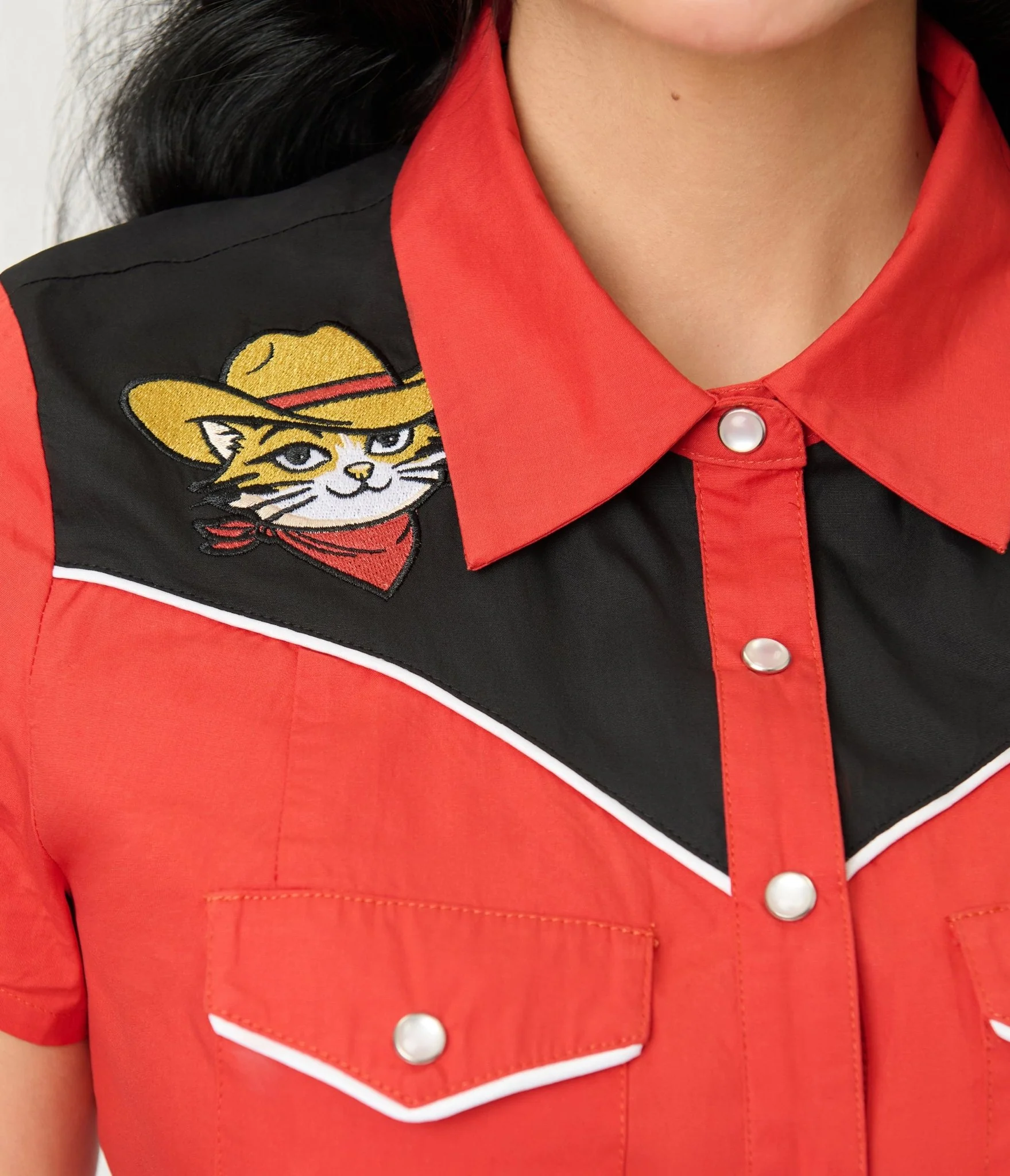 Smak Parlour Red Embroidered Cowboy Cat Western Flare Dress - Image 5